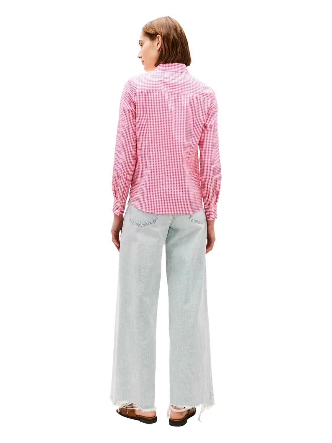 imageTommy Hilfiger Womens Cotton Woven Long Sleeve Button Down Shirt in Regular Fit with Roll Up SleevePink Perfection Ecru Gingham