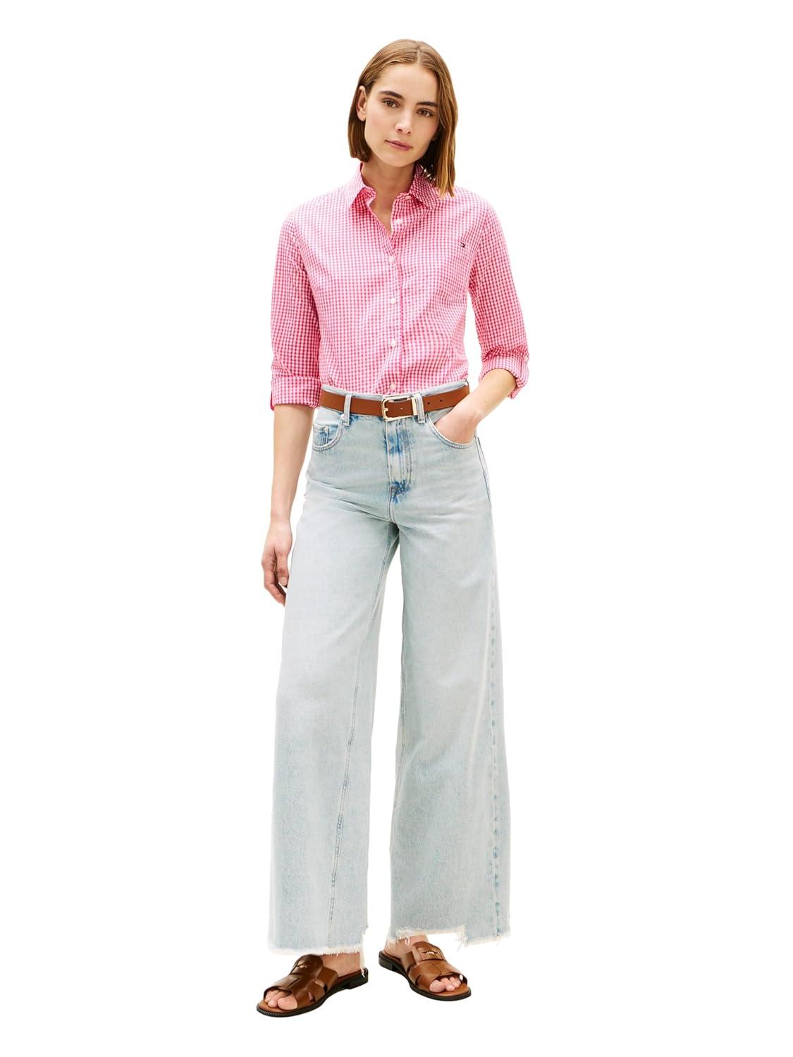 imageTommy Hilfiger Womens Cotton Woven Long Sleeve Button Down Shirt in Regular Fit with Roll Up SleevePink Perfection Ecru Gingham