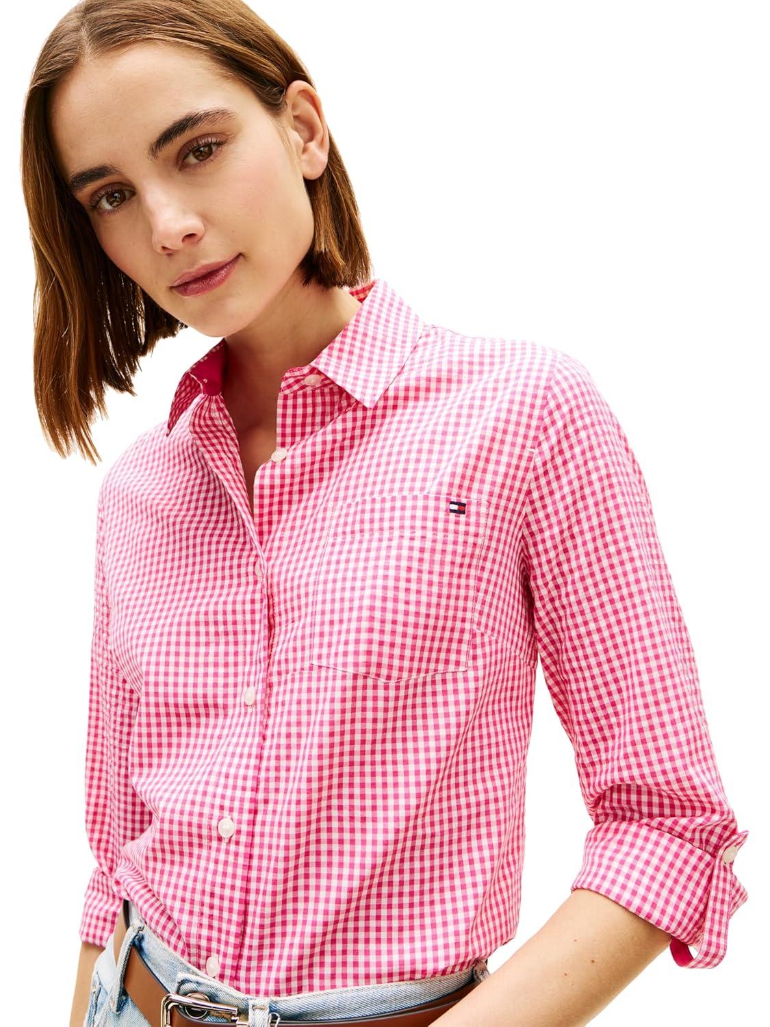 imageTommy Hilfiger Womens Cotton Woven Long Sleeve Button Down Shirt in Regular Fit with Roll Up SleevePink Perfection Ecru Gingham