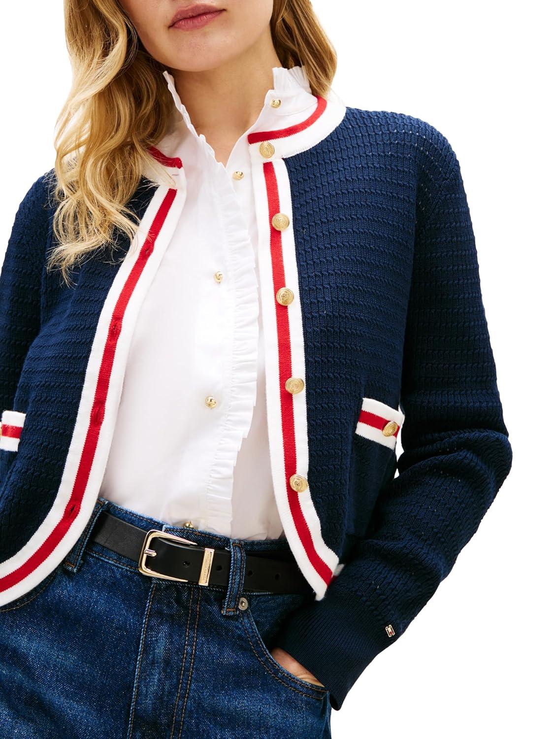 imageTommy Hilfiger Womens Cropped Cardigan Sweater Lighweight Cotton Crew Neck Cardigan SweaterDark Night Navy