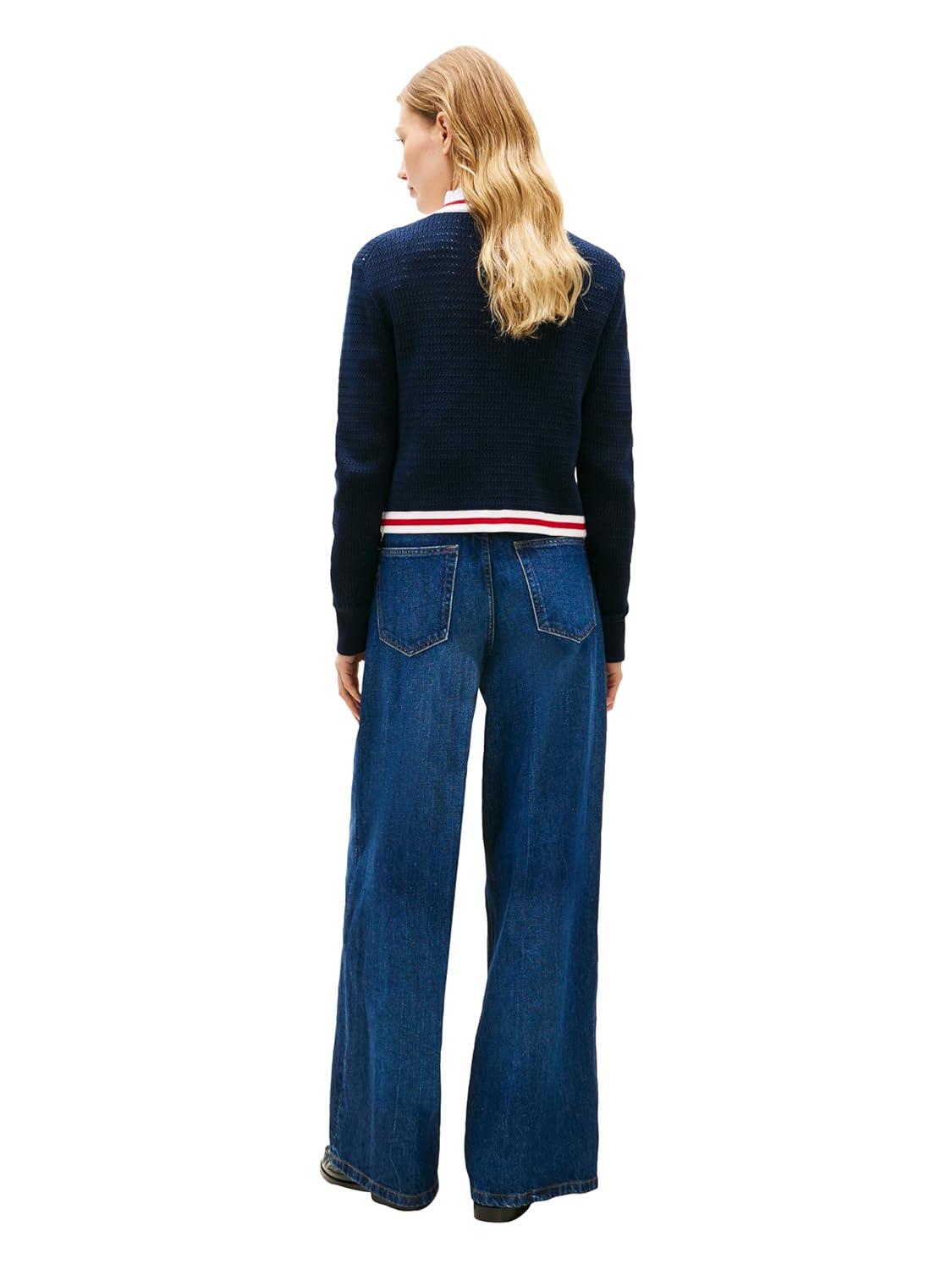 imageTommy Hilfiger Womens Cropped Cardigan Sweater Lighweight Cotton Crew Neck Cardigan SweaterDark Night Navy