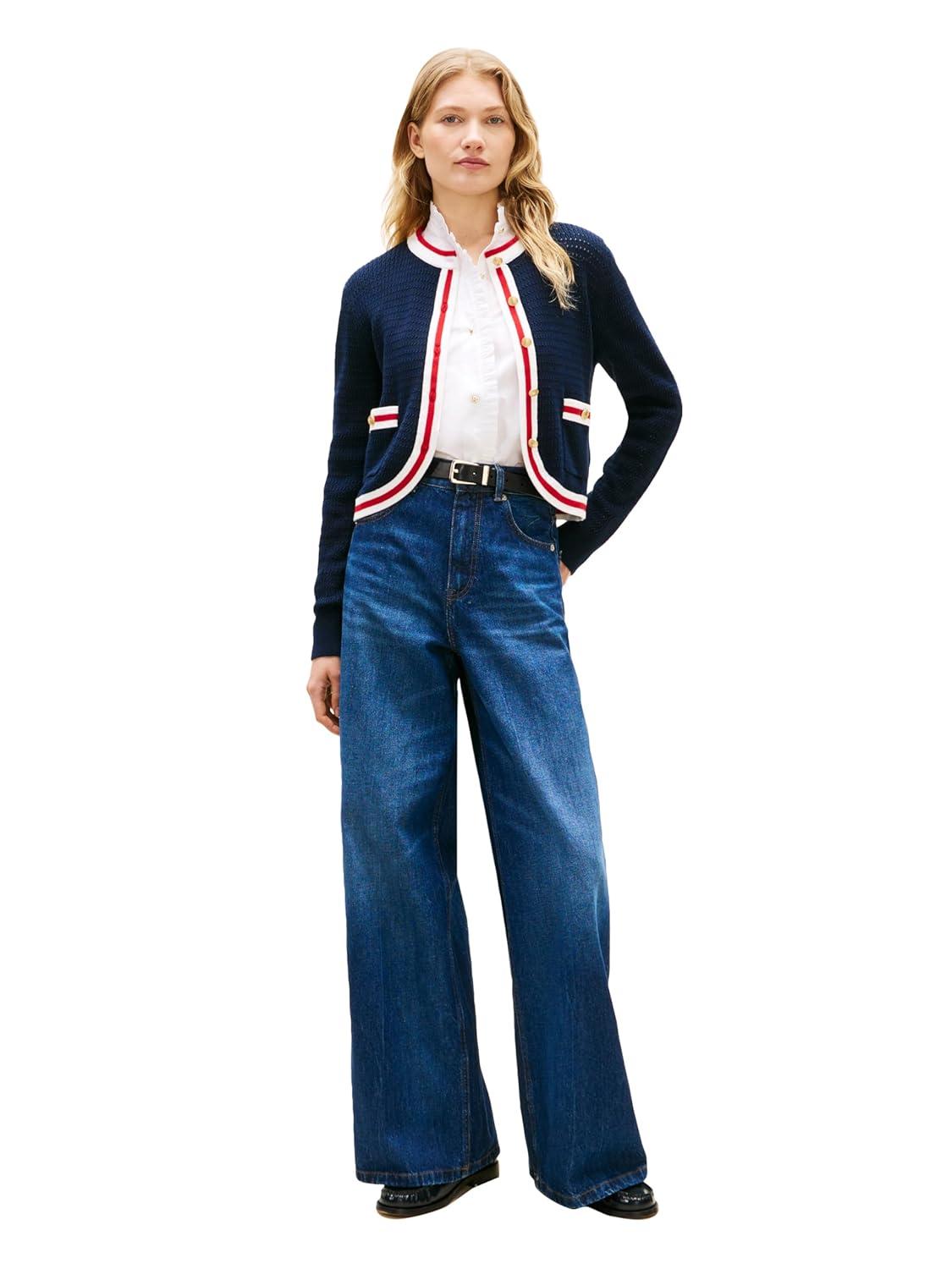 imageTommy Hilfiger Womens Cropped Cardigan Sweater Lighweight Cotton Crew Neck Cardigan SweaterDark Night Navy