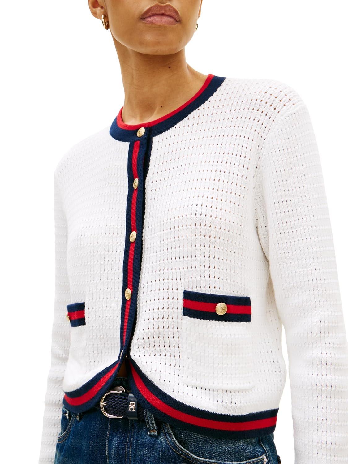 imageTommy Hilfiger Womens Cropped Cardigan Sweater Lighweight Cotton Crew Neck Cardigan SweaterEcru
