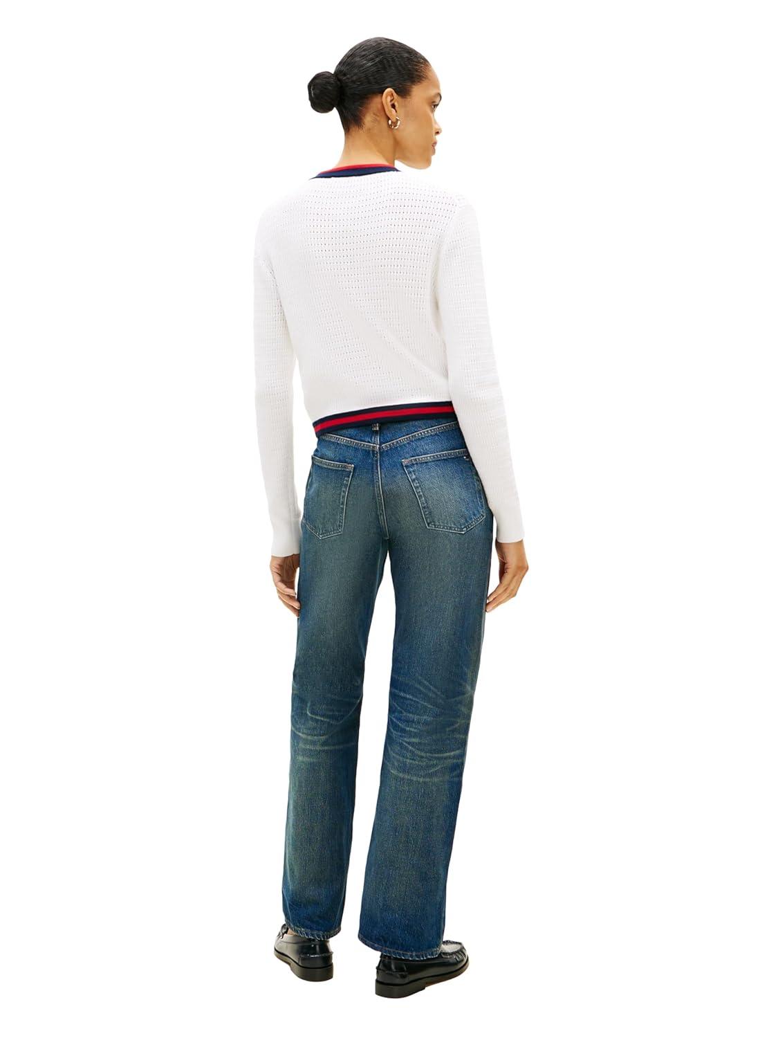 imageTommy Hilfiger Womens Cropped Cardigan Sweater Lighweight Cotton Crew Neck Cardigan SweaterEcru