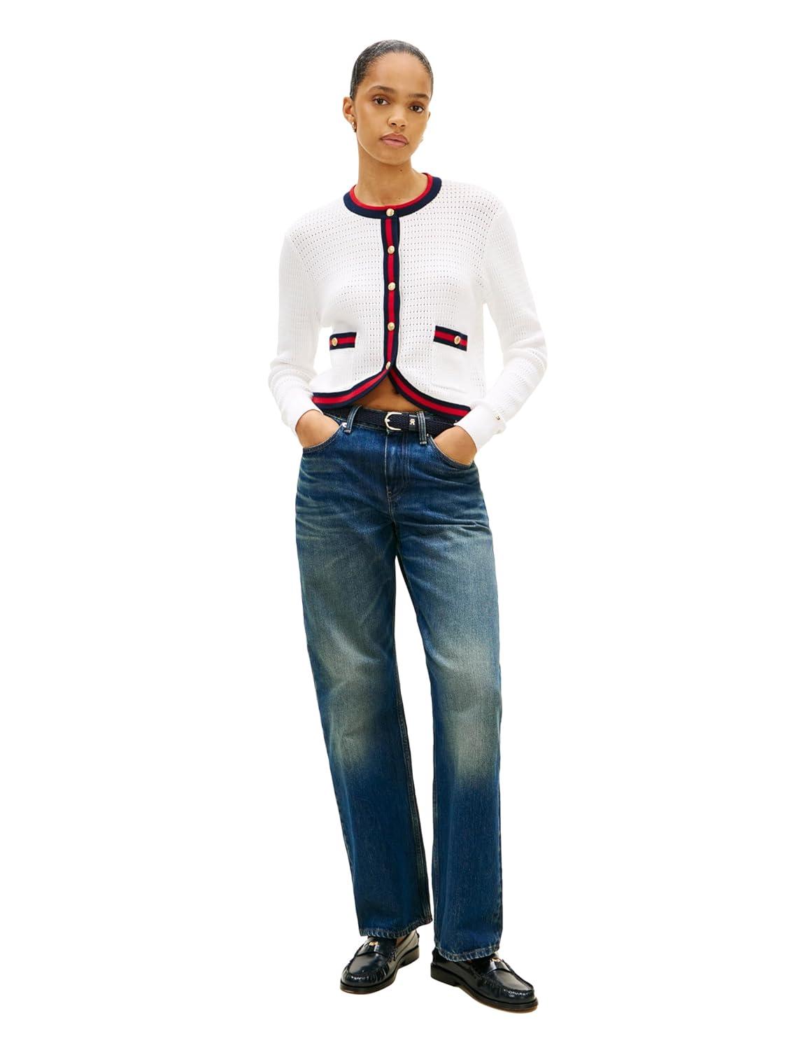 imageTommy Hilfiger Womens Cropped Cardigan Sweater Lighweight Cotton Crew Neck Cardigan SweaterEcru