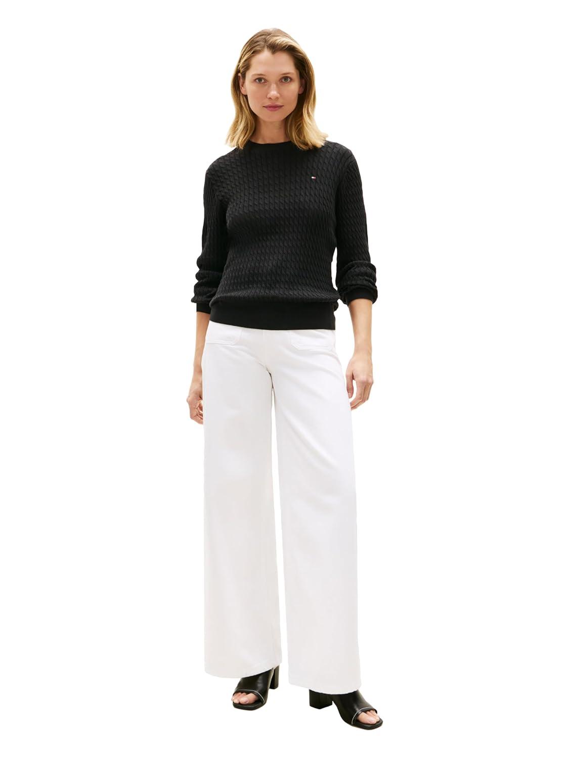 imageTommy Hilfiger Womens Fine Gauge Cable Knit Crew Neck Sweater Lightweight PulloverBlack
