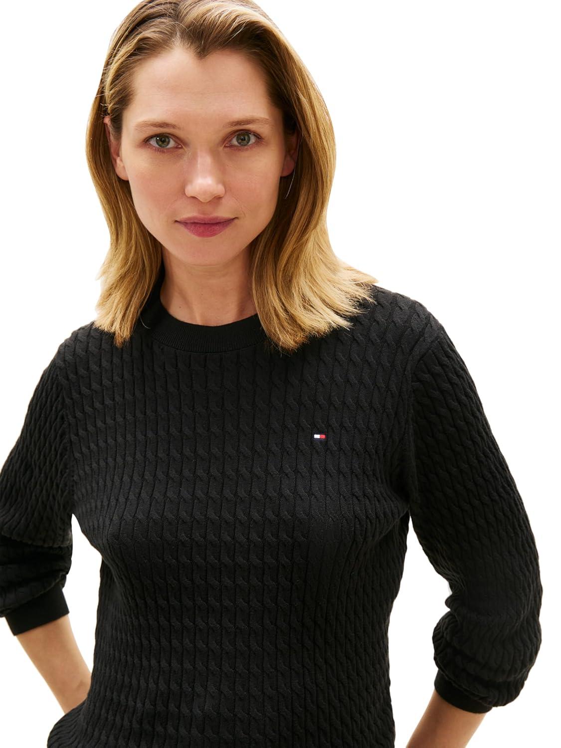 imageTommy Hilfiger Womens Fine Gauge Cable Knit Crew Neck Sweater Lightweight PulloverBlack