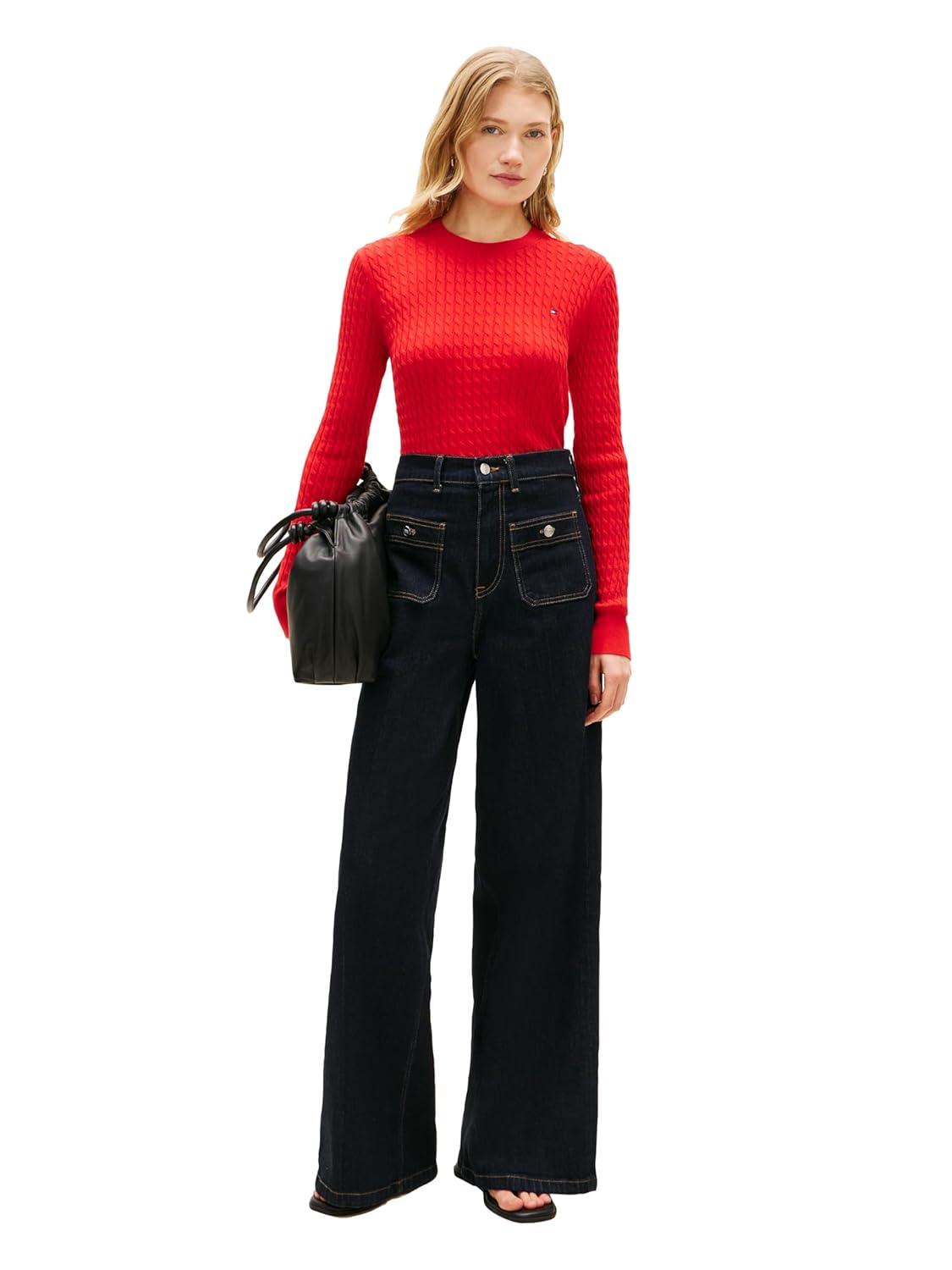 imageTommy Hilfiger Womens Fine Gauge Cable Knit Crew Neck Sweater Lightweight PulloverFireworks