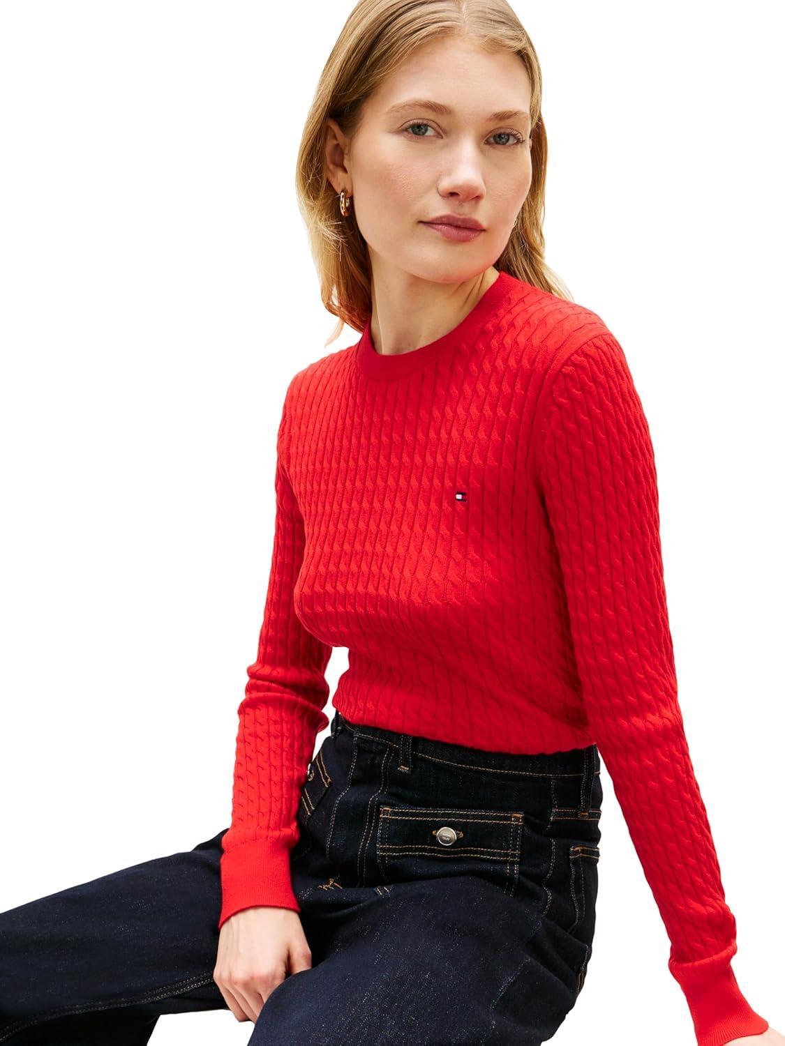 imageTommy Hilfiger Womens Fine Gauge Cable Knit Crew Neck Sweater Lightweight PulloverFireworks
