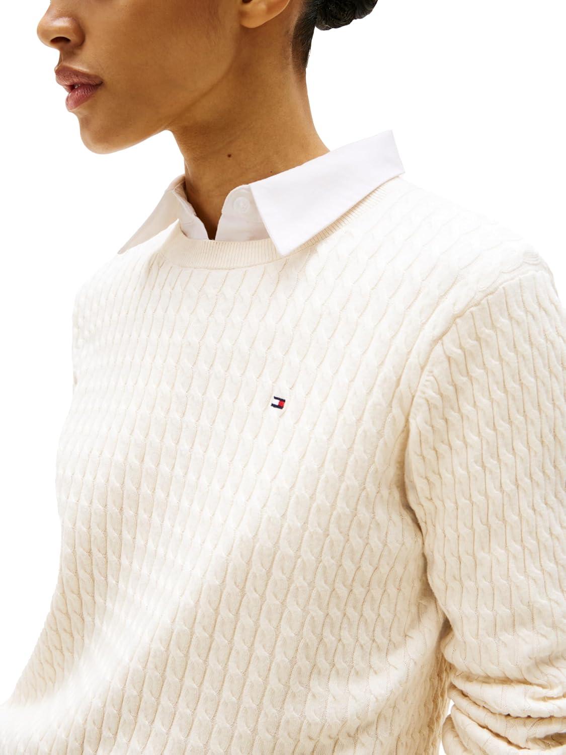 imageTommy Hilfiger Womens Fine Gauge Cable Knit Crew Neck Sweater Lightweight PulloverHeather Ivory Petal