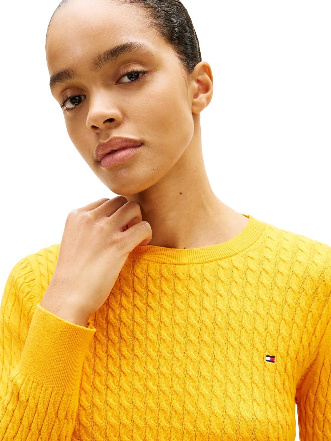 imageTommy Hilfiger Womens Fine Gauge Cable Knit Crew Neck Sweater Lightweight PulloverOrange Flash