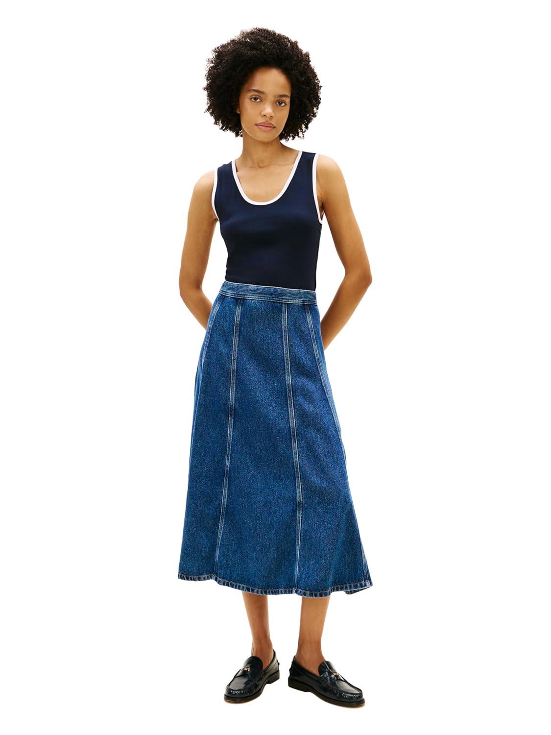 imageTommy Hilfiger Womens High Waist Denim Flared Midi Skirt with ZipperRay