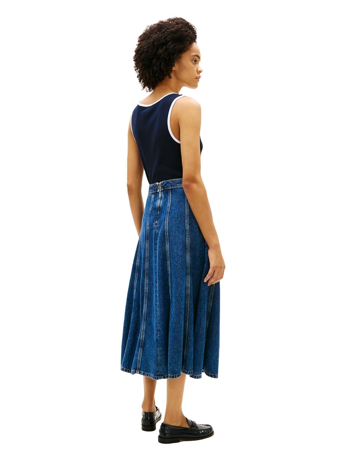 imageTommy Hilfiger Womens High Waist Denim Flared Midi Skirt with ZipperRay
