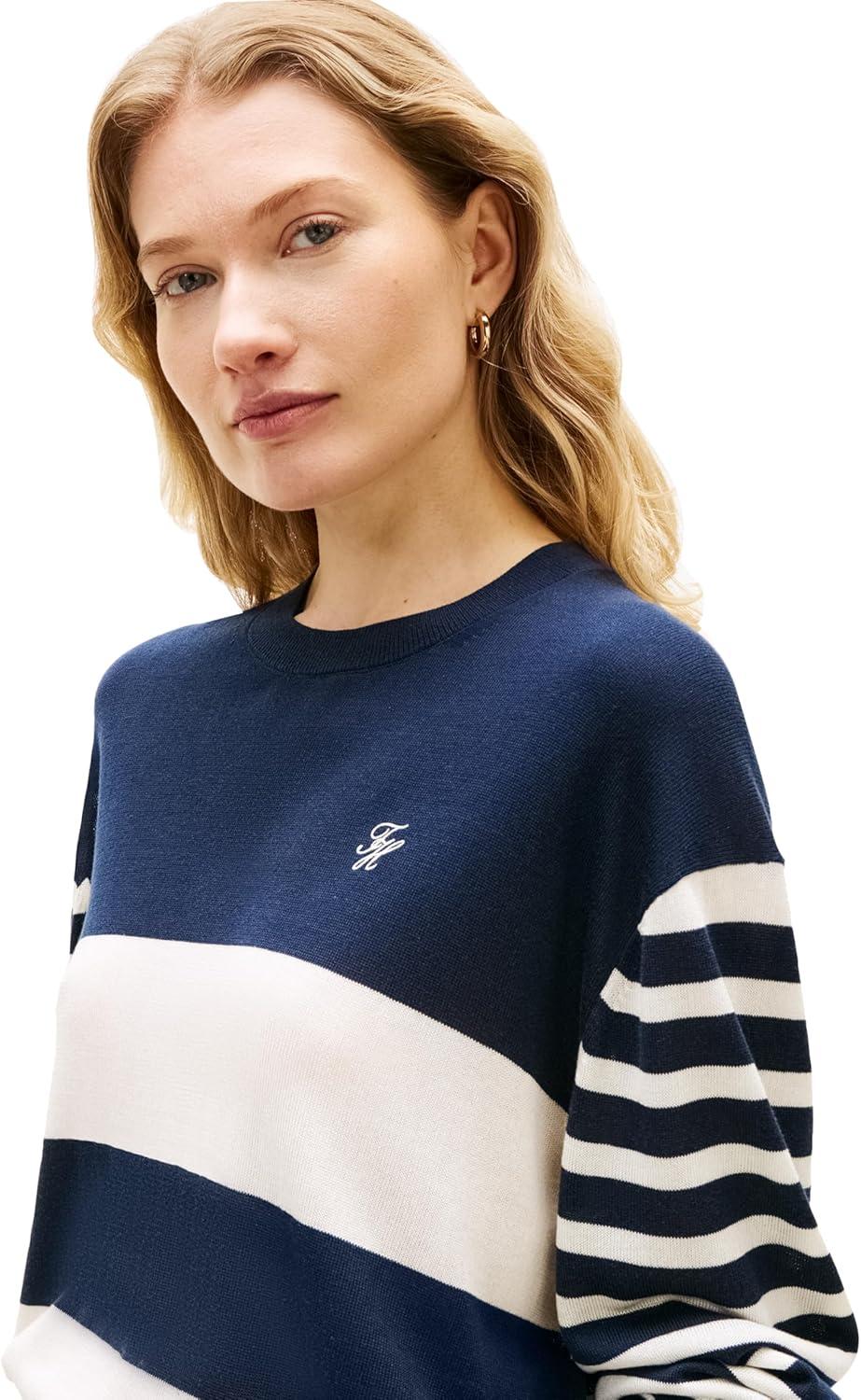 imageTommy Hilfiger Womens Lightewight Crew Neck Color Block Pullover SweaterBig Bright Stripe Dark Night Navy Calico
