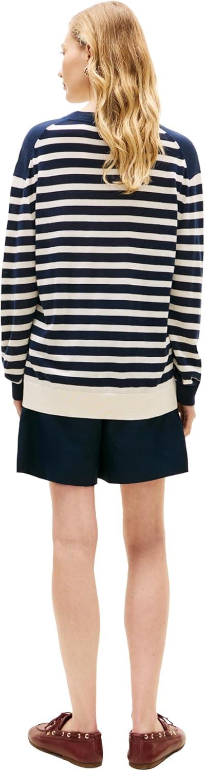 imageTommy Hilfiger Womens Lightewight Crew Neck Color Block Pullover SweaterBig Bright Stripe Dark Night Navy Calico