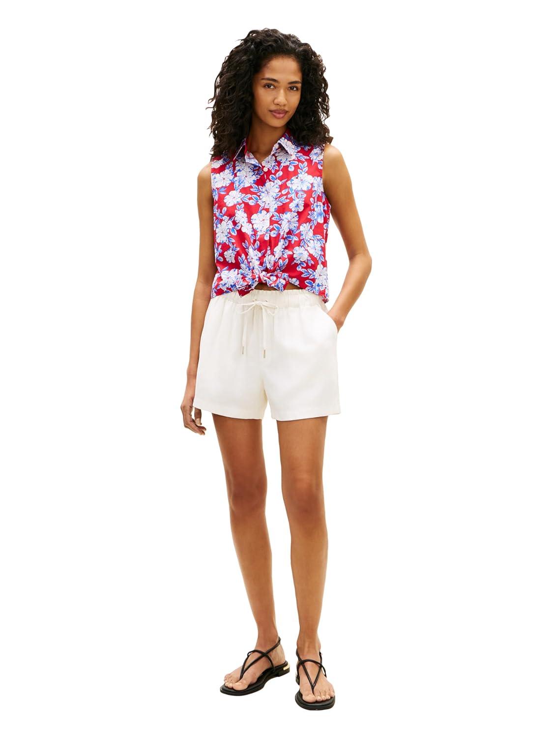 imageTommy Hilfiger Womens Lightweight Cotton Sleeveless Button Down Shirt with Front Tie BlouseDense Hibiscus Primary Red