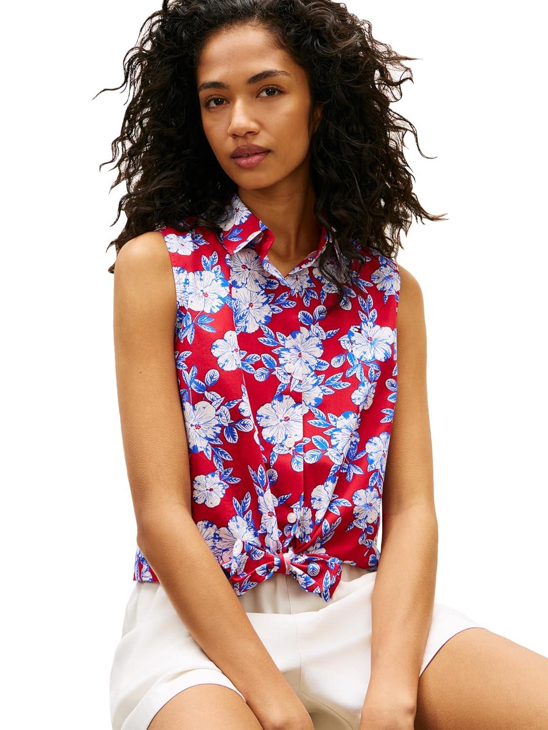 imageTommy Hilfiger Womens Lightweight Cotton Sleeveless Button Down Shirt with Front Tie BlouseDense Hibiscus Primary Red