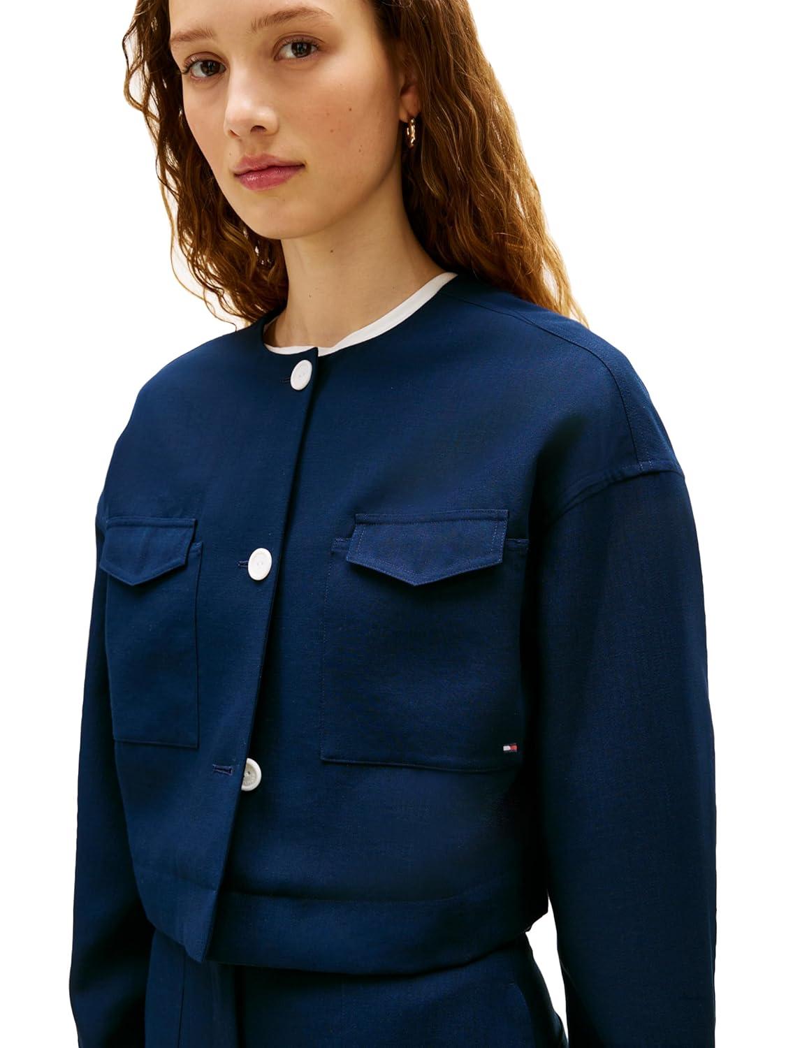imageTommy Hilfiger Womens Lightweight Cropped Utility Jacket Button Down Long Sleeve Collarless JacketDark Night Navy