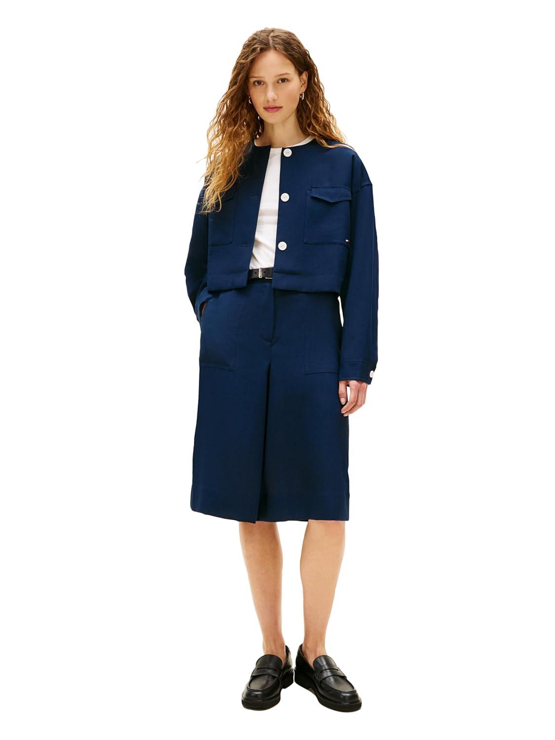 imageTommy Hilfiger Womens Lightweight Cropped Utility Jacket Button Down Long Sleeve Collarless JacketDark Night Navy
