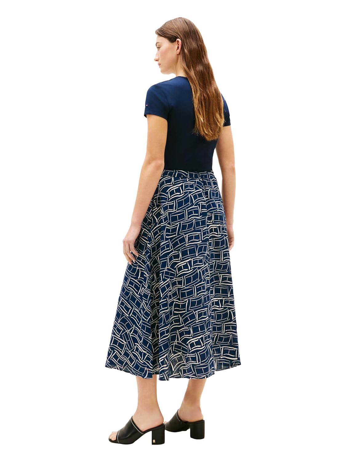 imageTommy Hilfiger Womens Lightweight Linen Flared Midi Skirt with Elastic WaistFlag Feathers Dark Night Navy