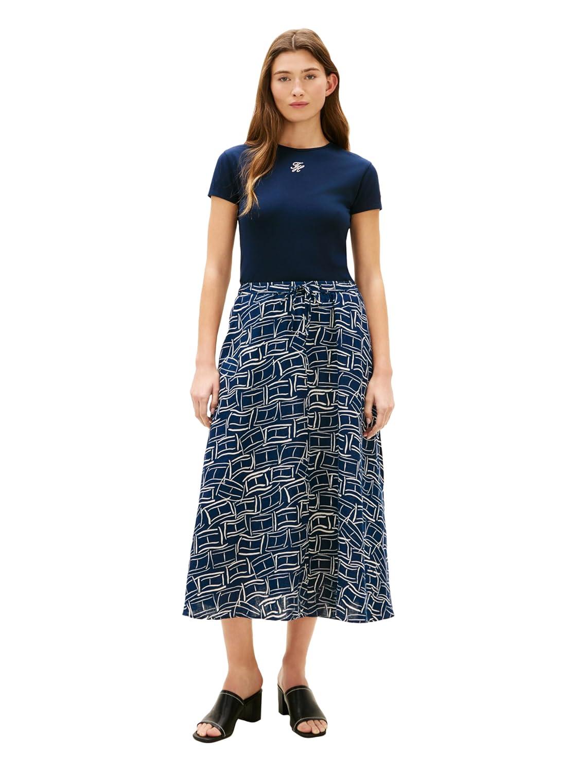 imageTommy Hilfiger Womens Lightweight Linen Flared Midi Skirt with Elastic WaistFlag Feathers Dark Night Navy