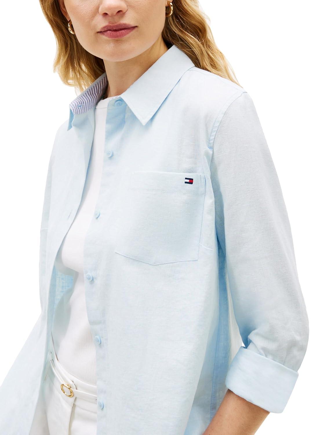 imageTommy Hilfiger Womens Lightweight Linen Long Sleeve Button Down Shirt in Regular Fit with Roll Up Sleeve Linen BlouseBreezy Blue