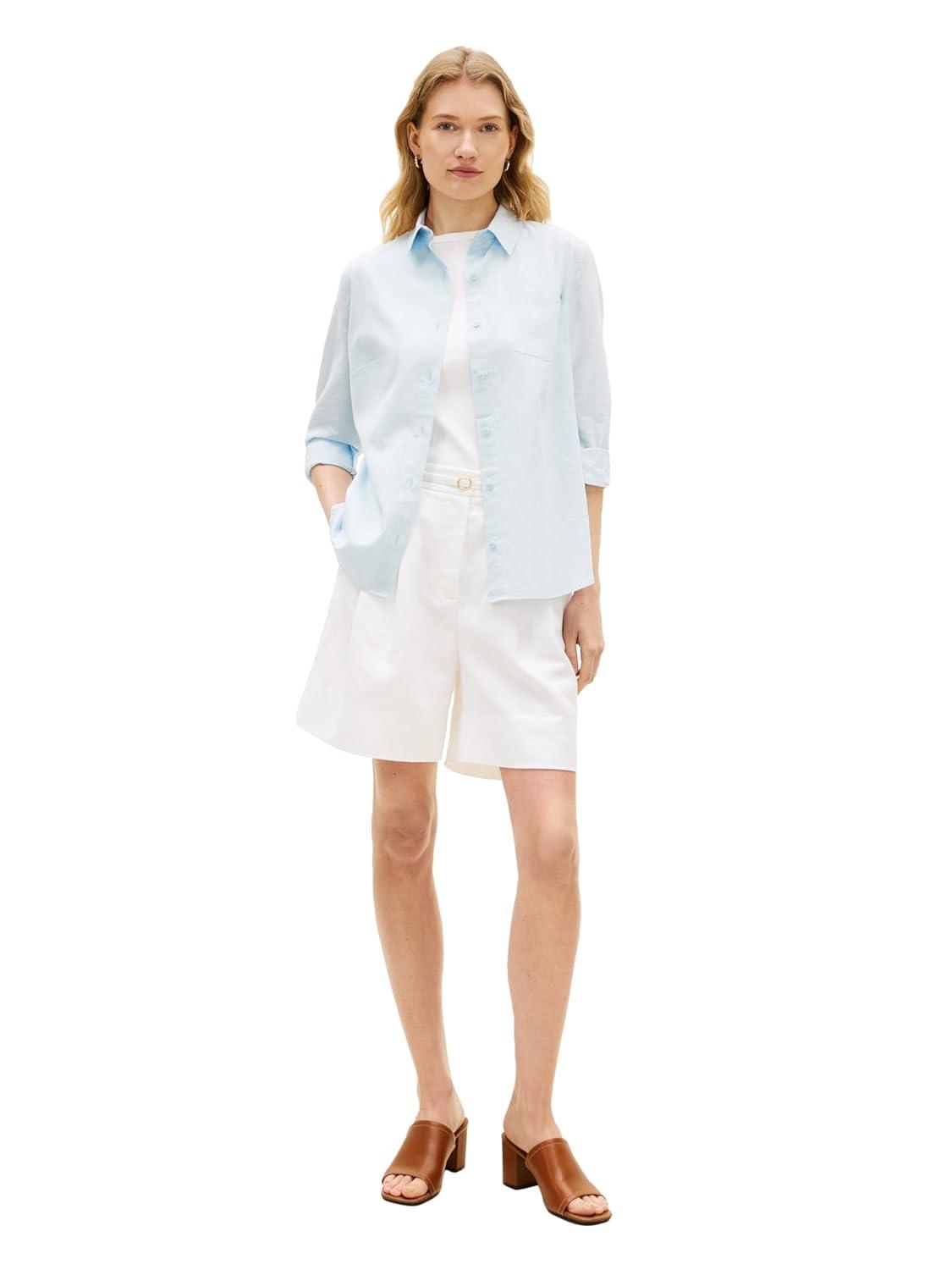 imageTommy Hilfiger Womens Lightweight Linen Long Sleeve Button Down Shirt in Regular Fit with Roll Up Sleeve Linen BlouseBreezy Blue