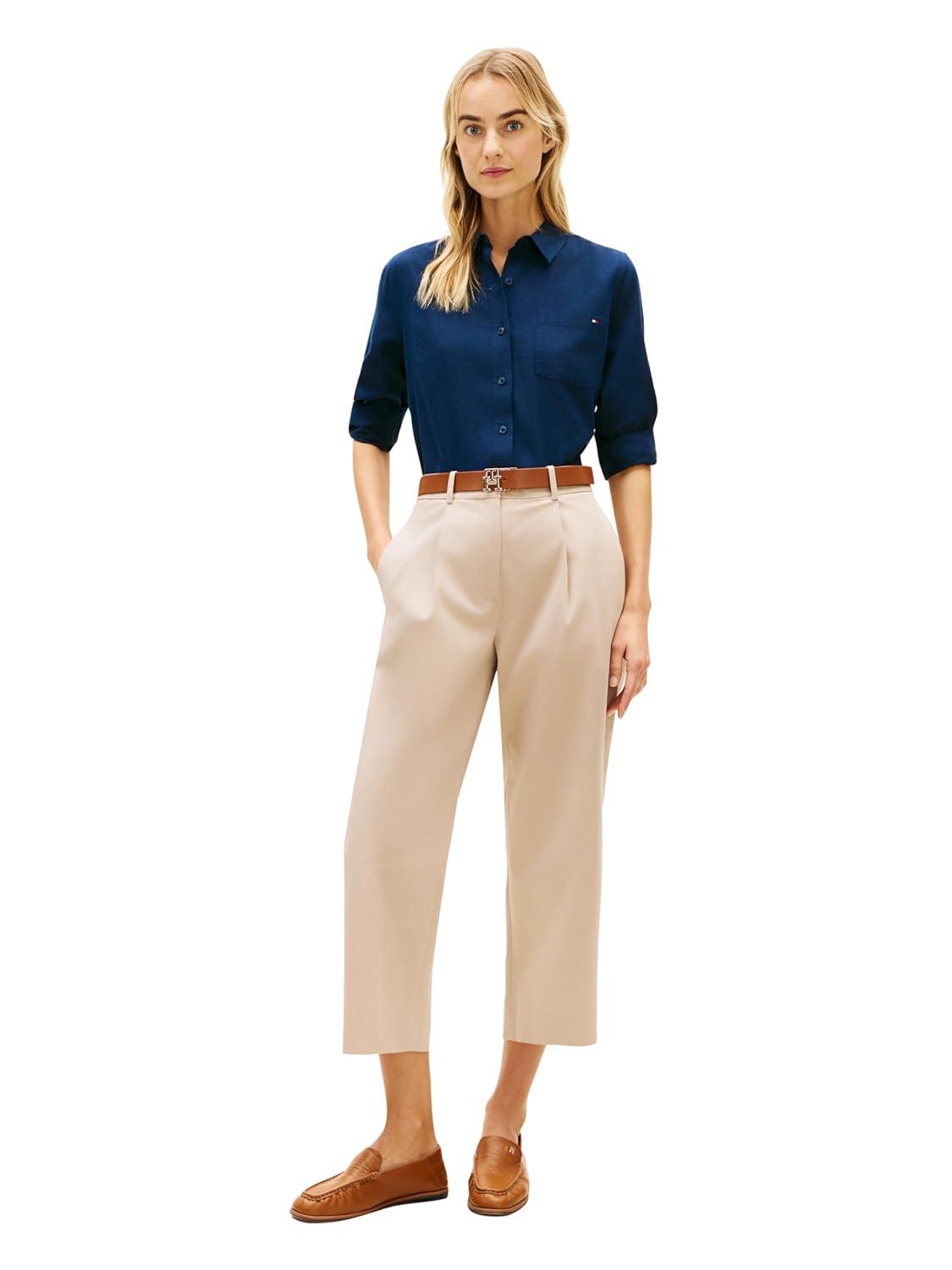 imageTommy Hilfiger Womens Lightweight Linen Long Sleeve Button Down Shirt in Regular Fit with Roll Up Sleeve Linen BlouseDark Night Navy