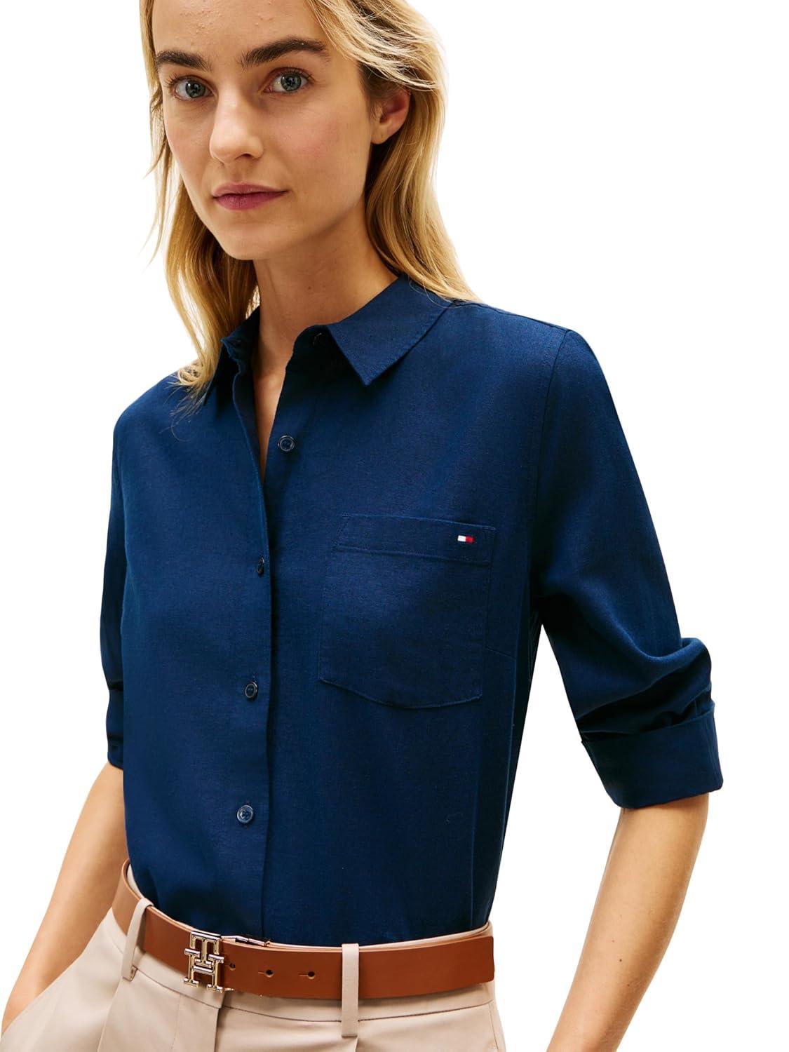 imageTommy Hilfiger Womens Lightweight Linen Long Sleeve Button Down Shirt in Regular Fit with Roll Up Sleeve Linen BlouseDark Night Navy