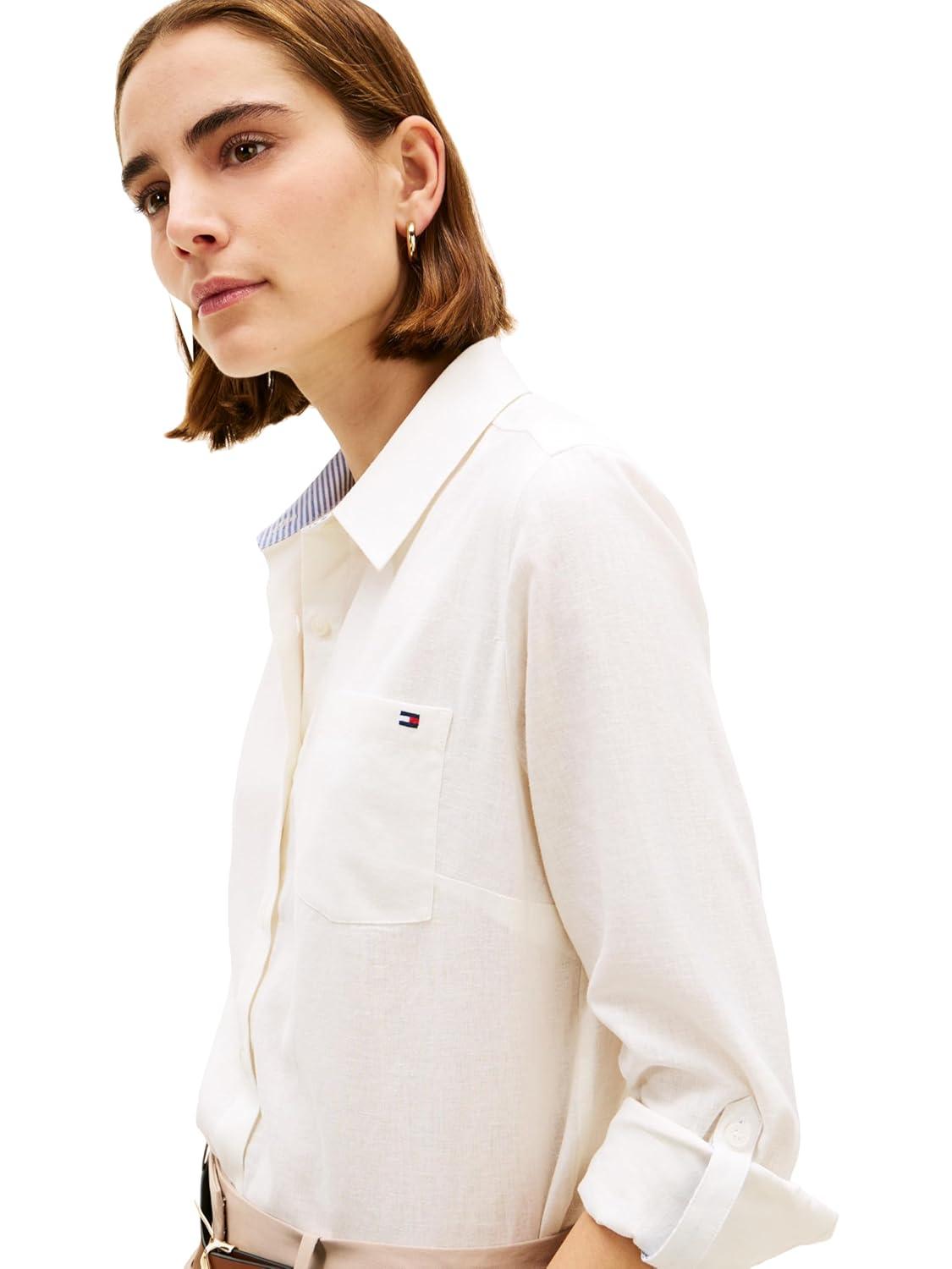 imageTommy Hilfiger Womens Lightweight Linen Long Sleeve Button Down Shirt in Regular Fit with Roll Up Sleeve Linen BlouseEcru