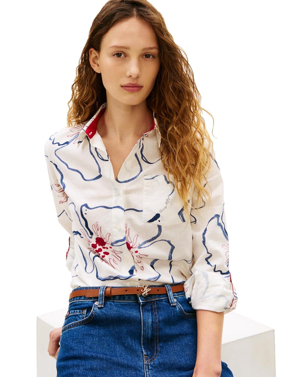 imageTommy Hilfiger Womens Lightweight Linen Long Sleeve Button Down Shirt in Regular Fit with Roll Up Sleeve Linen BlouseLinear Poppy Watercolor