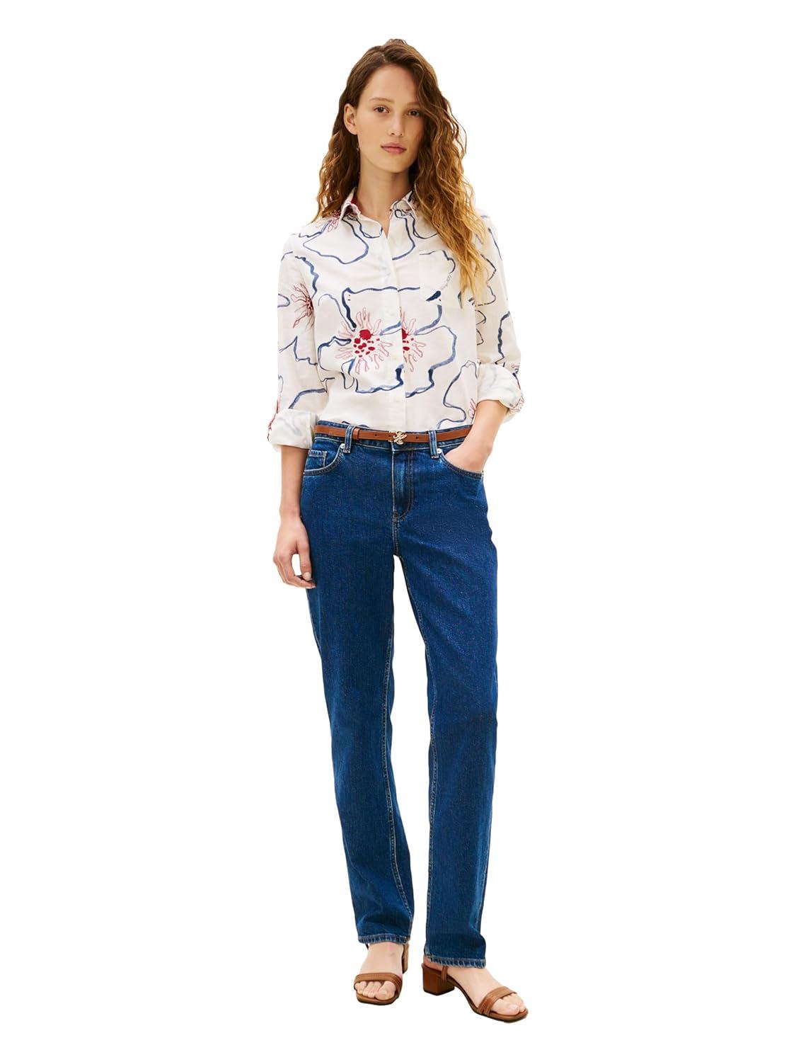 imageTommy Hilfiger Womens Lightweight Linen Long Sleeve Button Down Shirt in Regular Fit with Roll Up Sleeve Linen BlouseLinear Poppy Watercolor