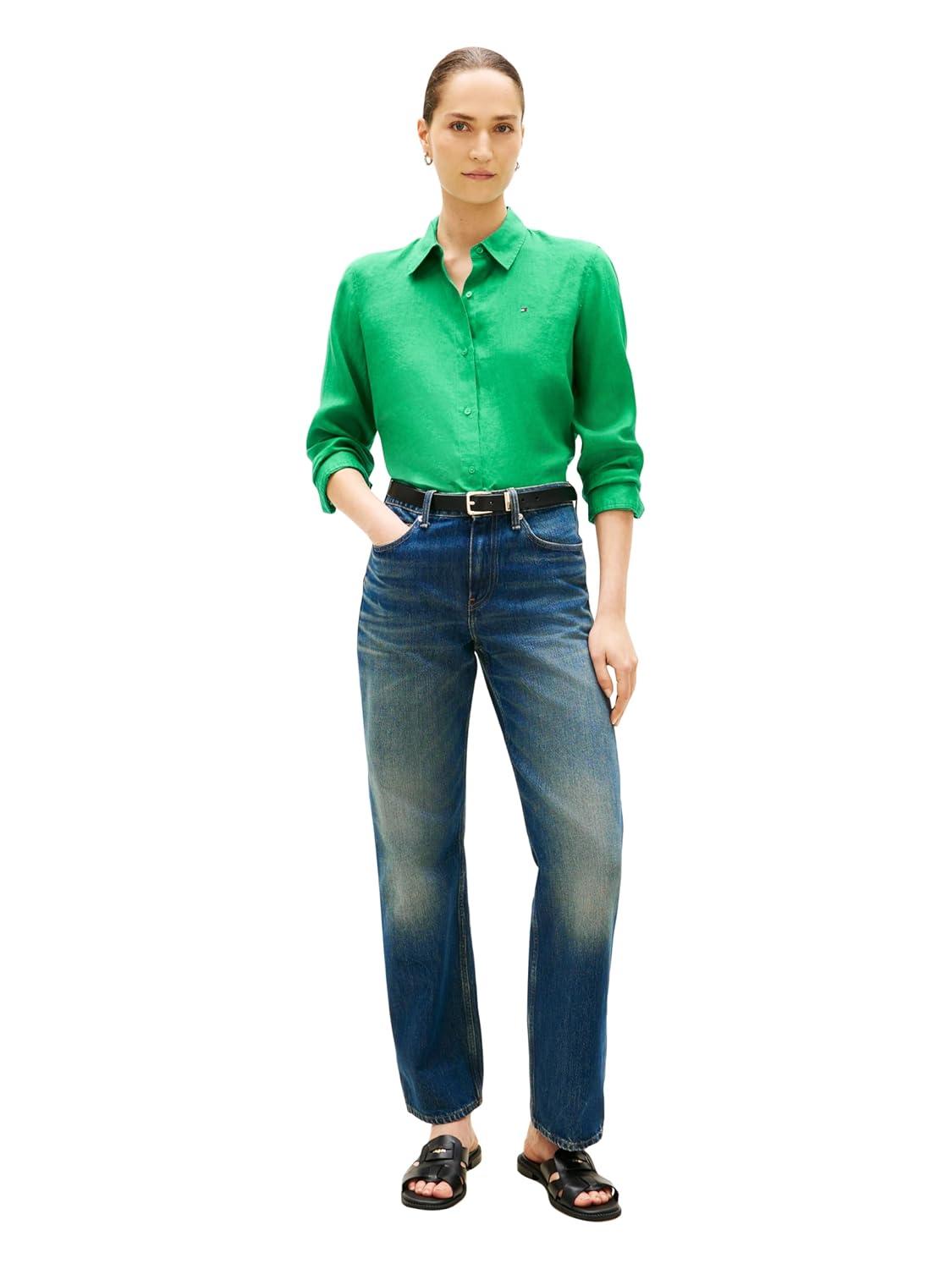 imageTommy Hilfiger Womens Lightweight Linen Long Sleeve Button Down Shirt in Relaxed Fit Linen BlouseCourtside Green