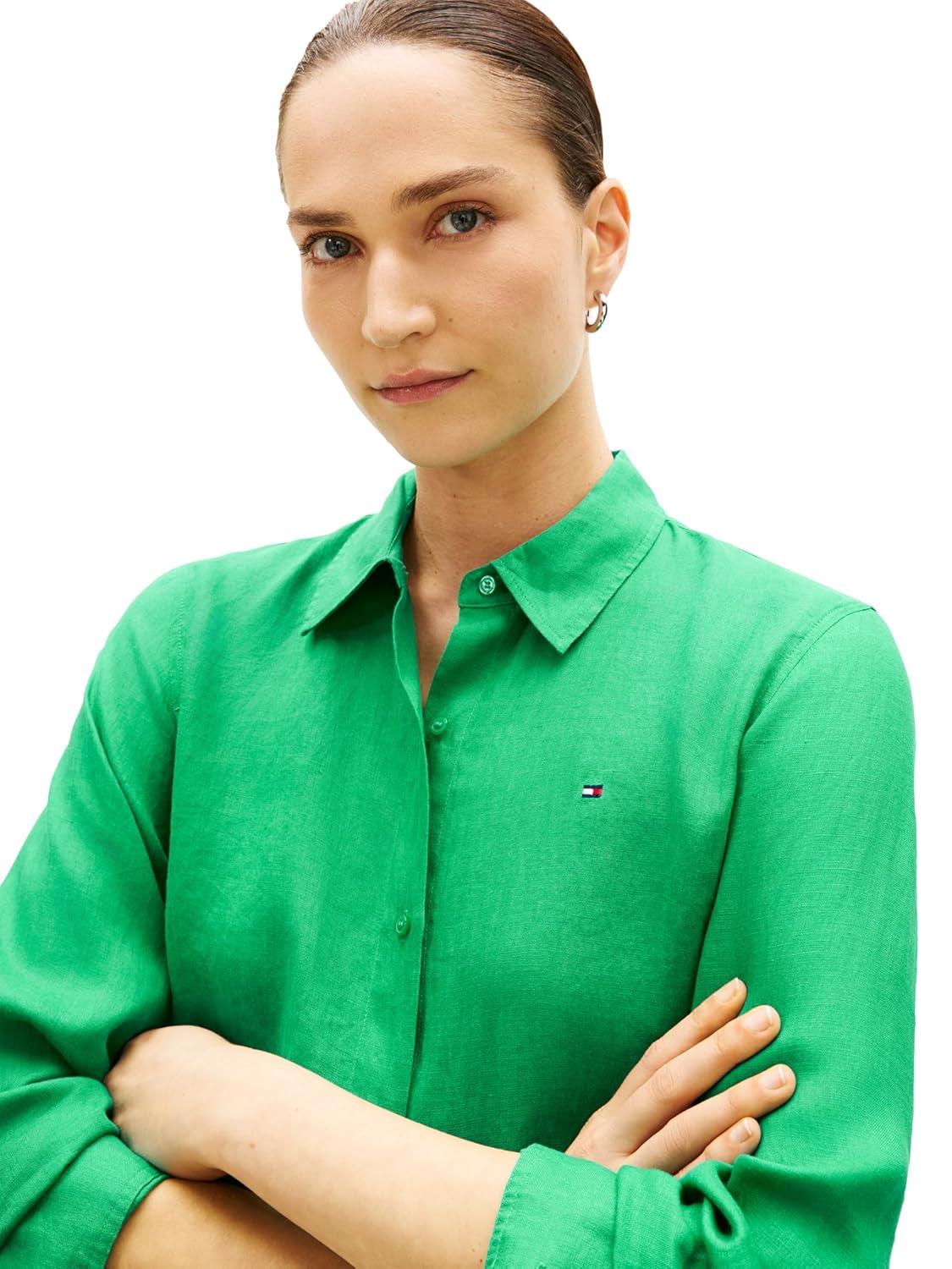 imageTommy Hilfiger Womens Lightweight Linen Long Sleeve Button Down Shirt in Relaxed Fit Linen BlouseCourtside Green