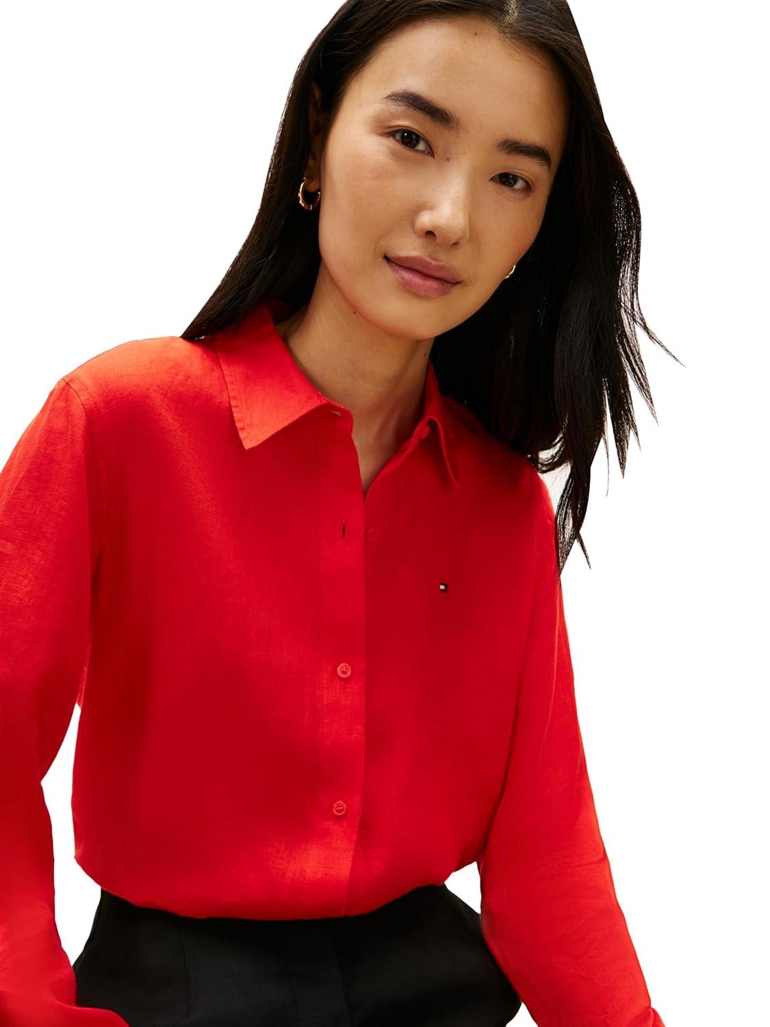 imageTommy Hilfiger Womens Lightweight Linen Long Sleeve Button Down Shirt in Relaxed Fit Linen BlouseFireworks
