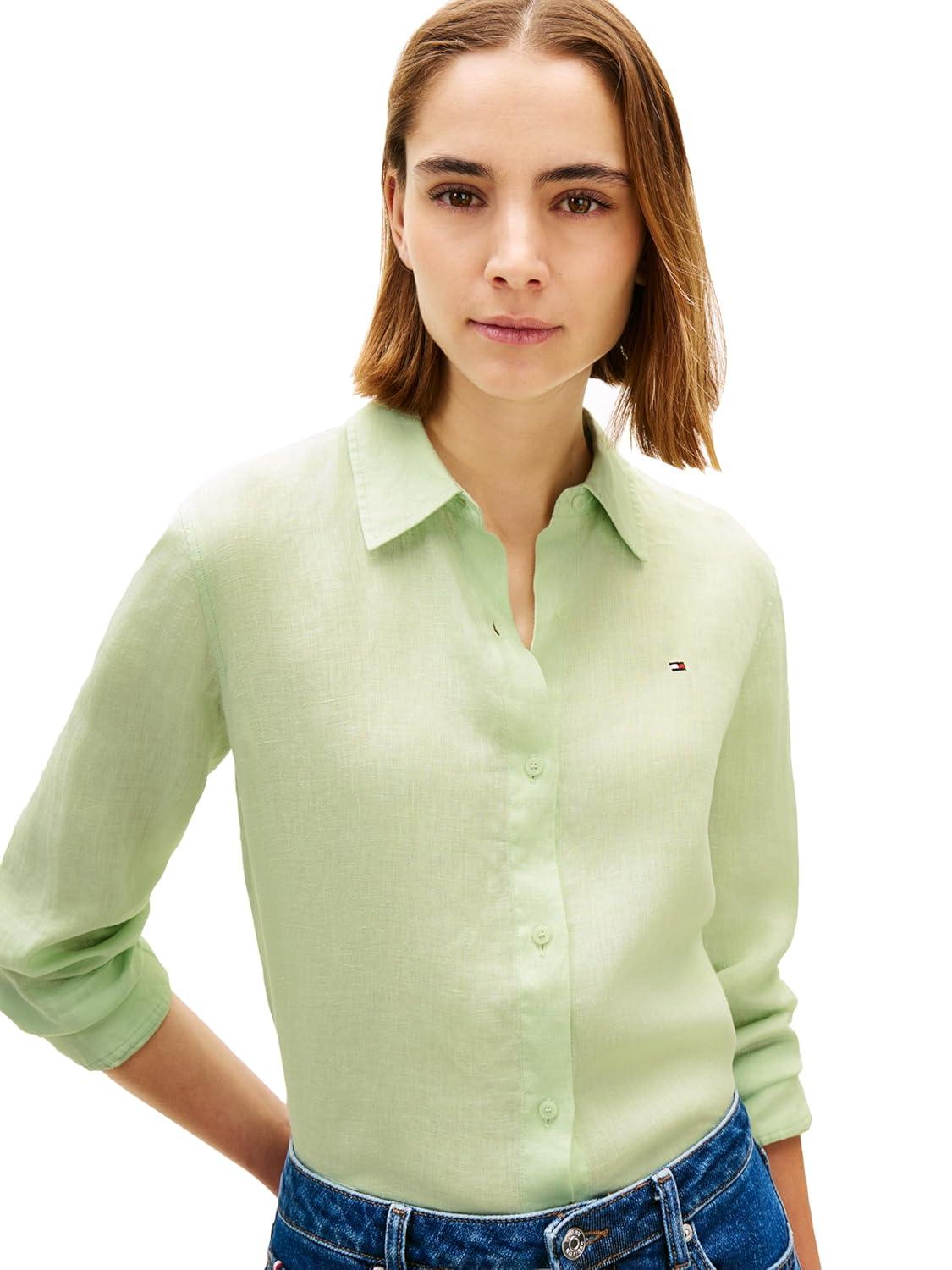 imageTommy Hilfiger Womens Lightweight Linen Long Sleeve Button Down Shirt in Relaxed Fit Linen BlouseGentle Jade