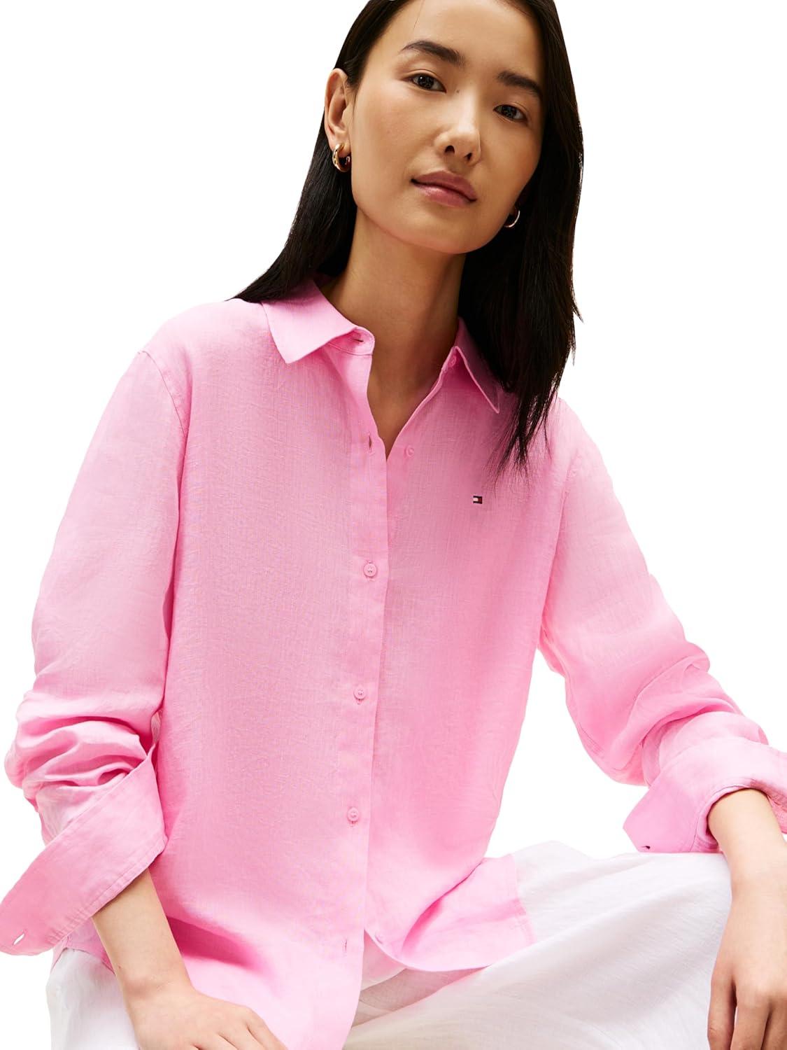 imageTommy Hilfiger Womens Lightweight Linen Long Sleeve Button Down Shirt in Relaxed Fit Linen BlouseRose Petal