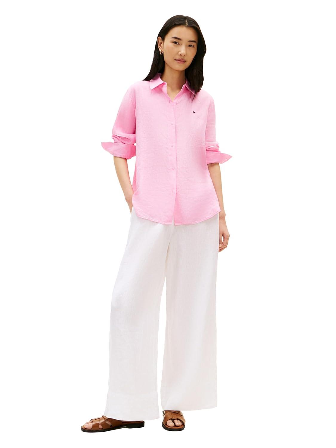 imageTommy Hilfiger Womens Lightweight Linen Long Sleeve Button Down Shirt in Relaxed Fit Linen BlouseRose Petal