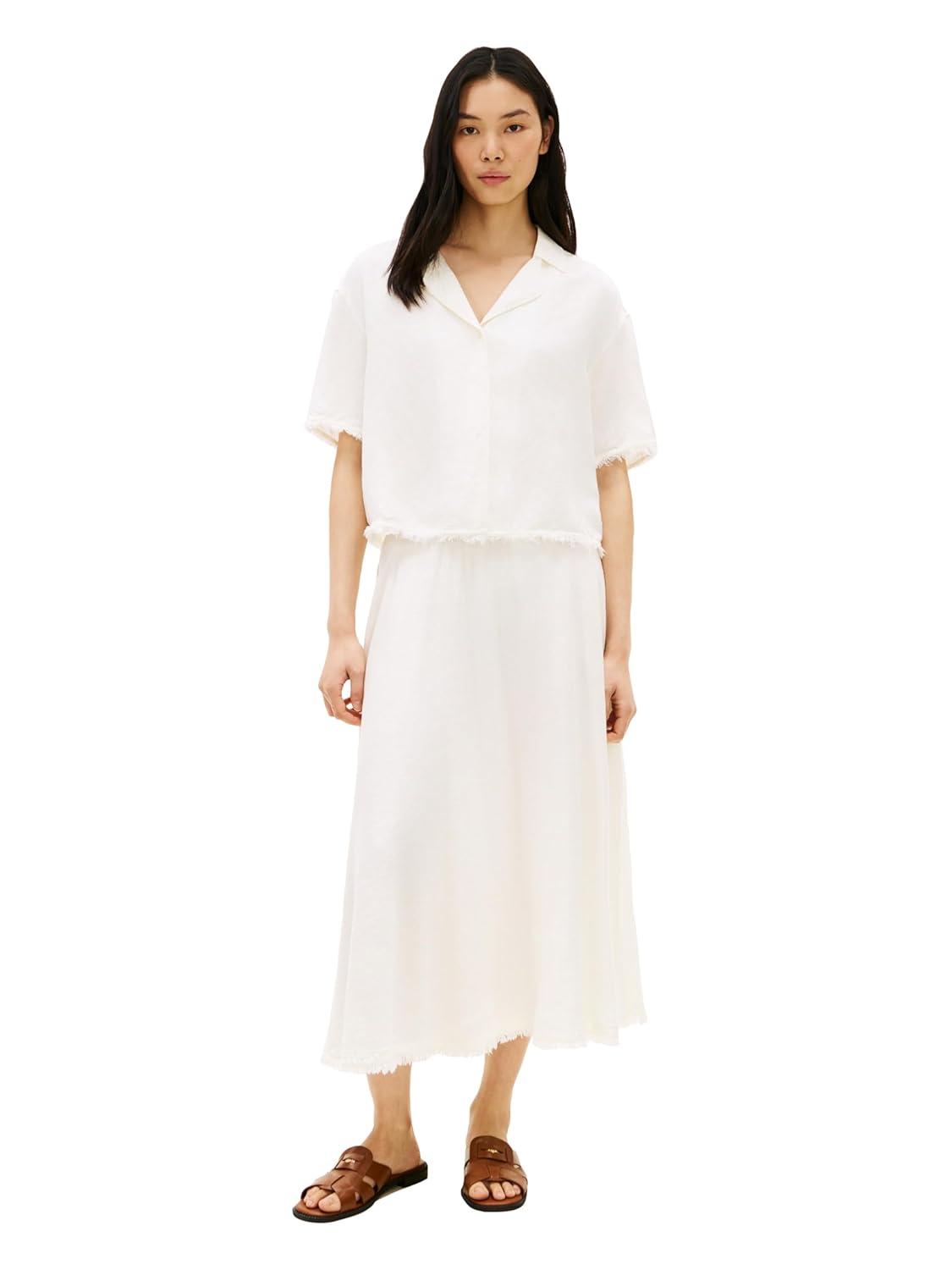 imageTommy Hilfiger Womens Lightweight Linen Midi Skirt with Elastic Waist and PocketsIvory Silk