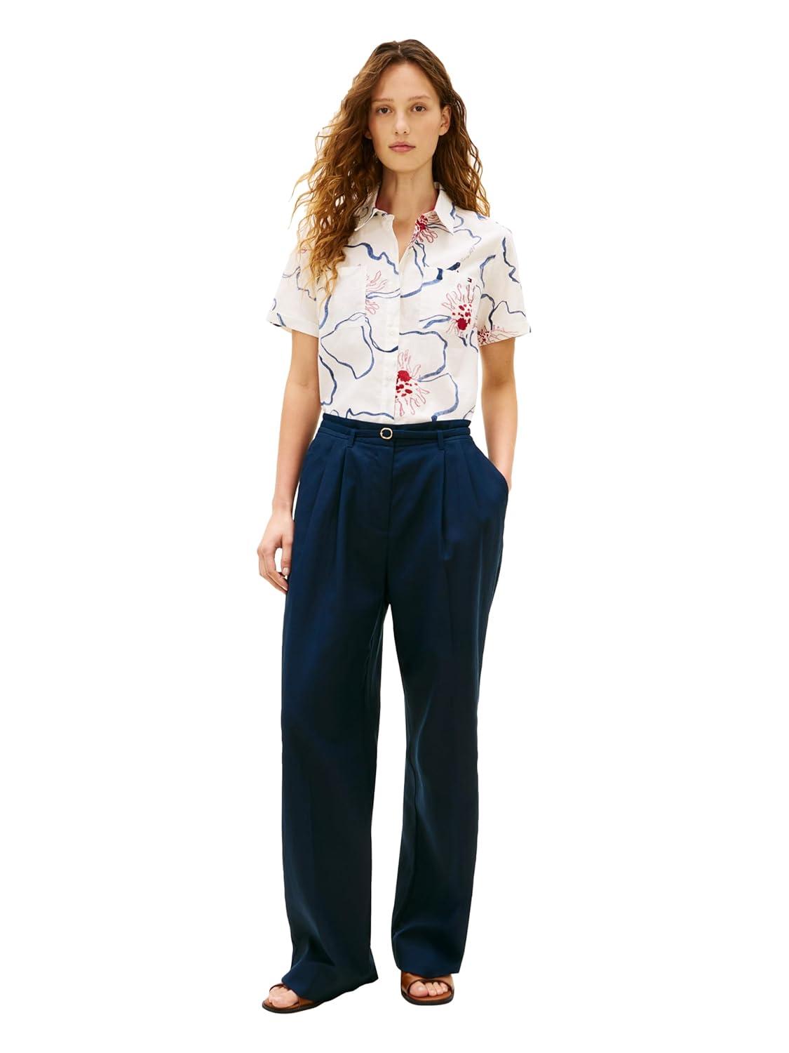 imageTommy Hilfiger Womens Lightweight Linen Short Sleeve Button Down Shirt in Regular Fit Linen BlouseLinear Poppy Watercolor