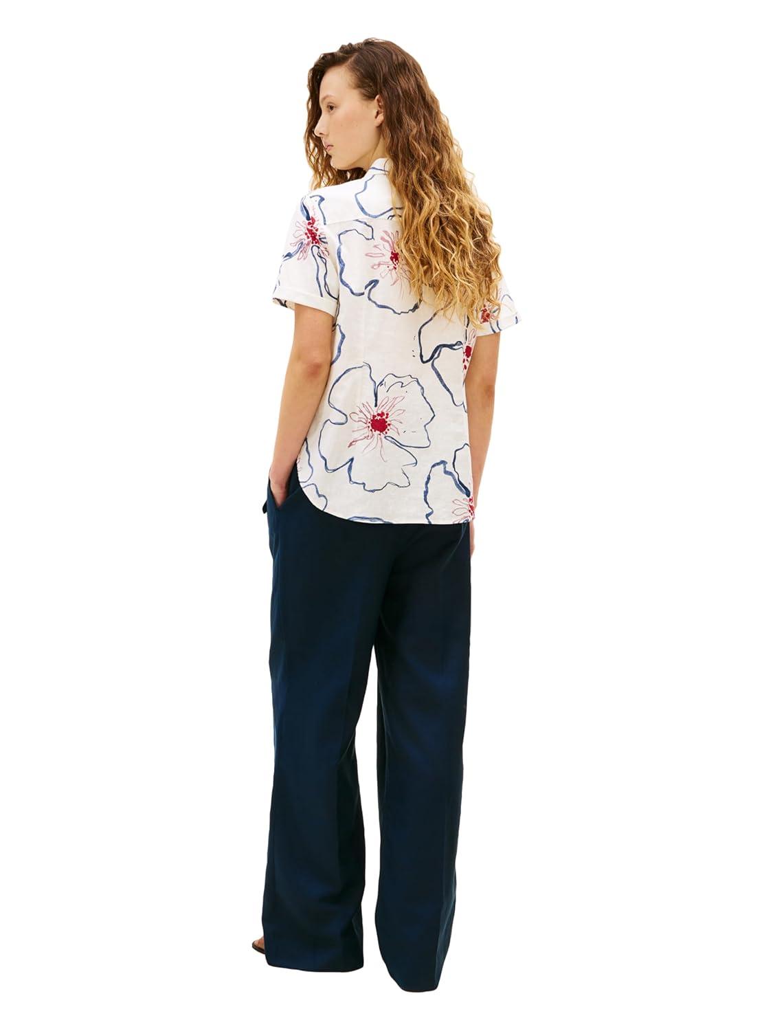 imageTommy Hilfiger Womens Lightweight Linen Short Sleeve Button Down Shirt in Regular Fit Linen BlouseLinear Poppy Watercolor