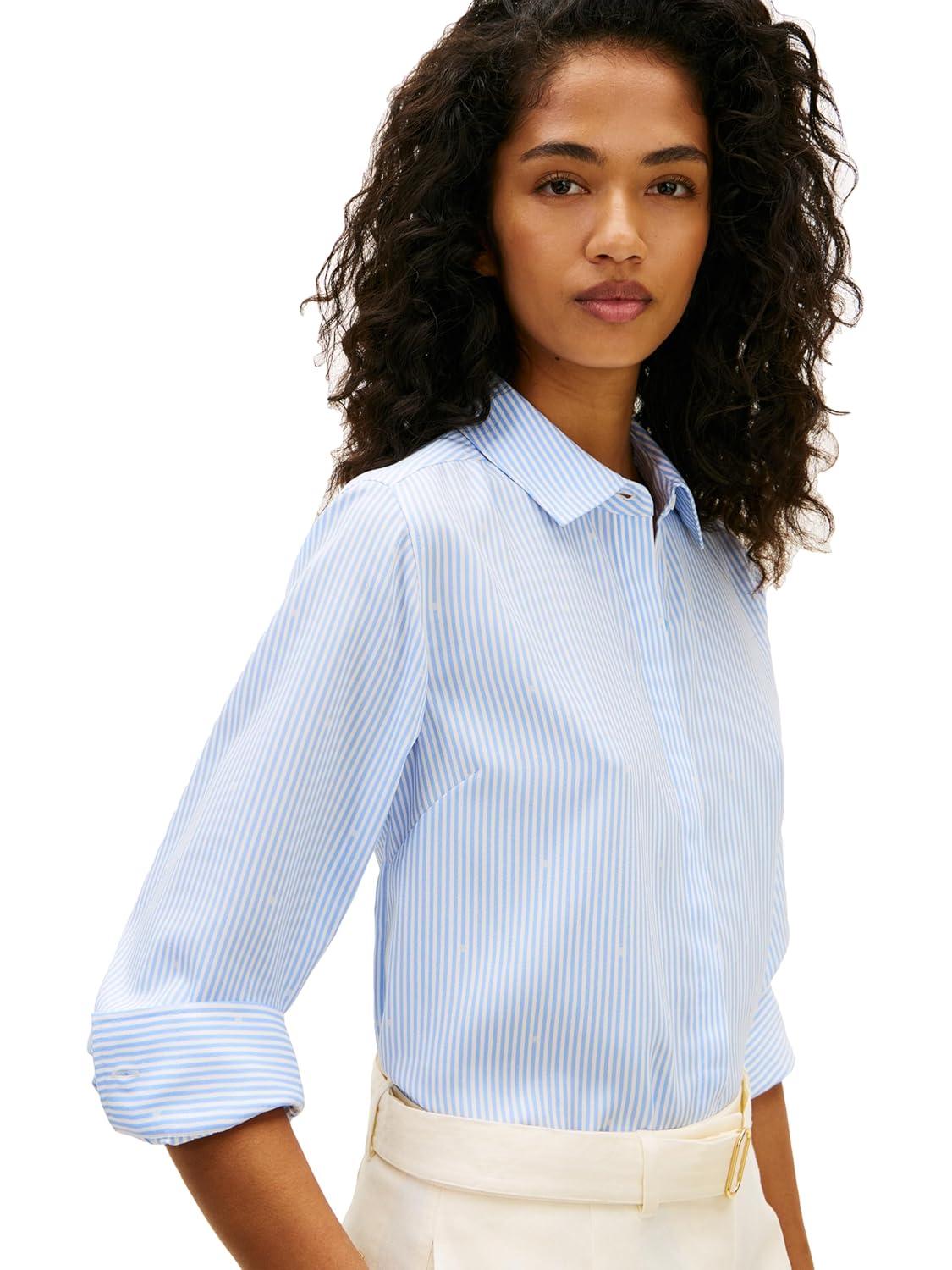 imageTommy Hilfiger Womens Lightweight Long Sleeve Button Down Shirt in Regular Fit with Cuff DetailClassic Ithaca Mid Blue
