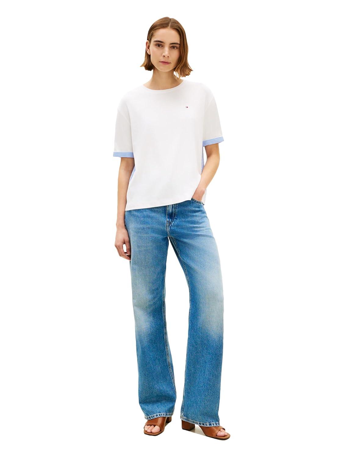 imageTommy Hilfiger Womens Lightweight Short Sleeve Cotton Crew Neck TShirt with Back Detail and Tie ClosureEcru