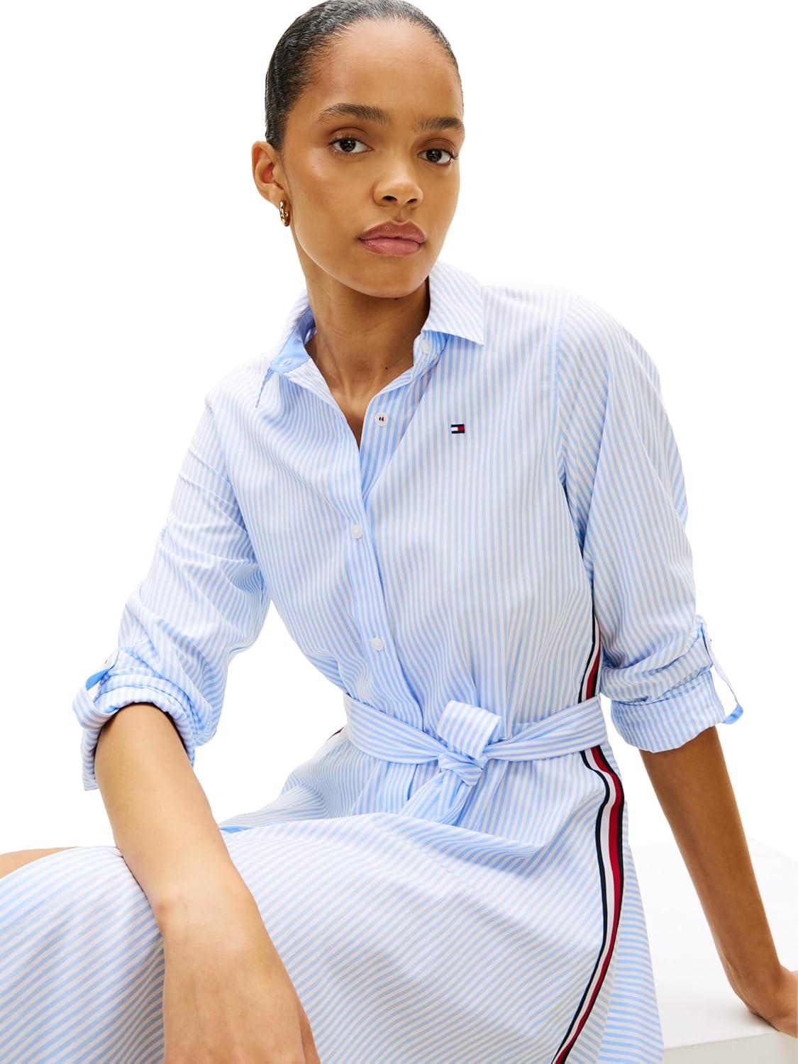 imageTommy Hilfiger Womens Long Sleeve Striped Cotton Shirt Dress Business Casual DressClassic Ithaca White Vessel Blue