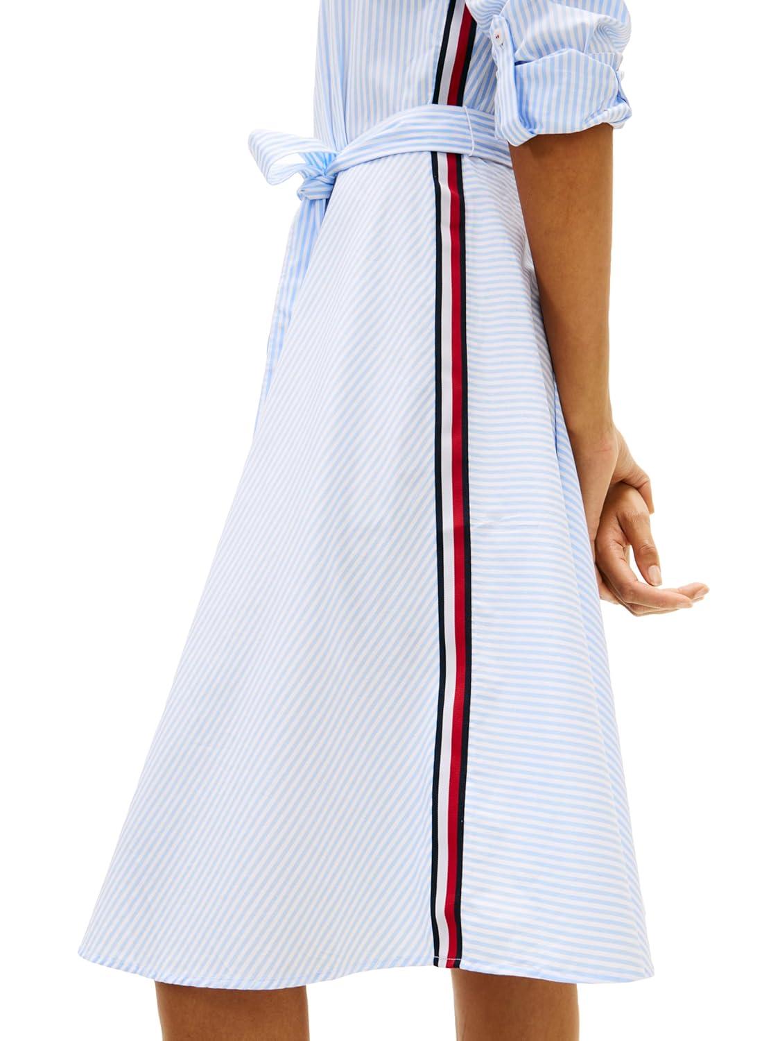 imageTommy Hilfiger Womens Long Sleeve Striped Cotton Shirt Dress Business Casual DressClassic Ithaca White Vessel Blue