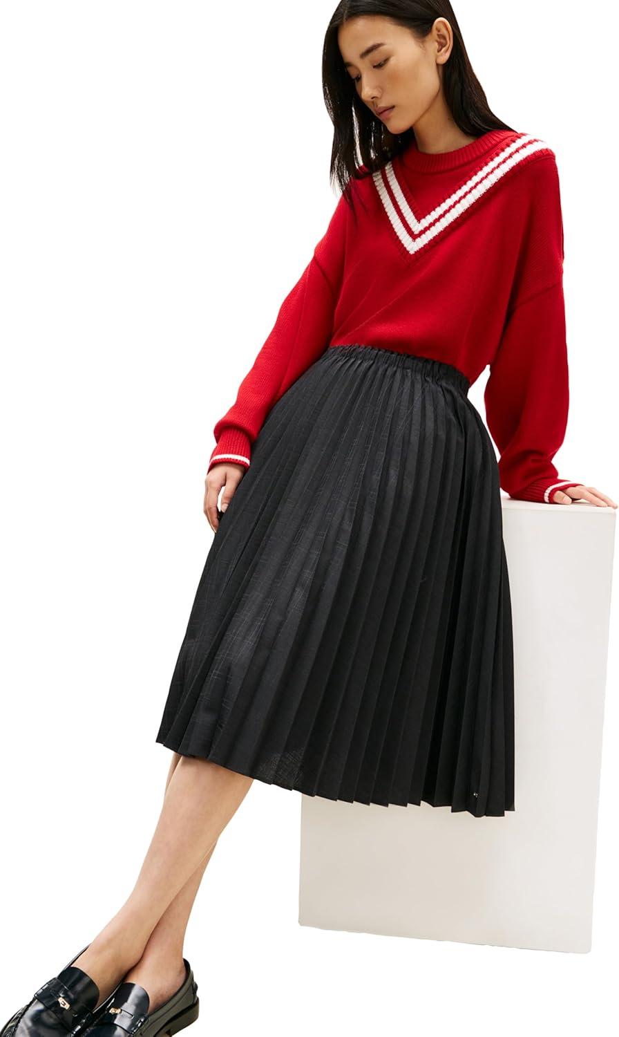 imageTommy Hilfiger Womens Medium Weight Wool Pleated Midi Skirt with Elastic WaistGrey Allover