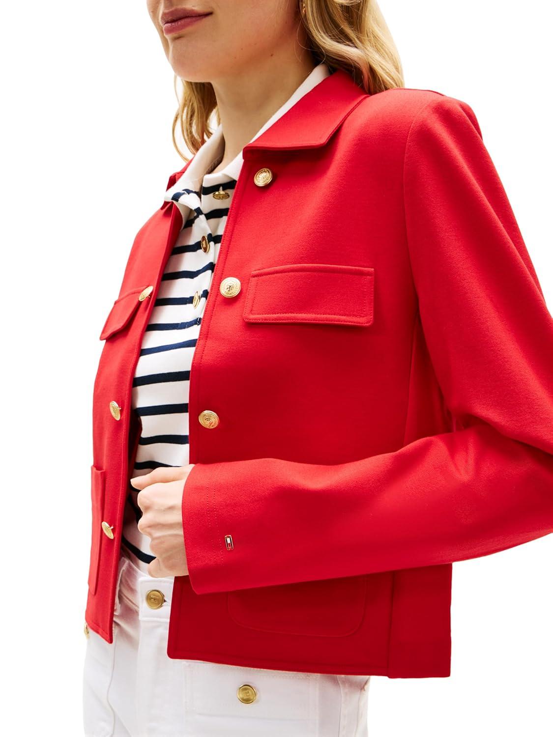 imageTommy Hilfiger Womens Open Front Jacket Button Down Long Sleeve Business Casual JacketPrimary Red