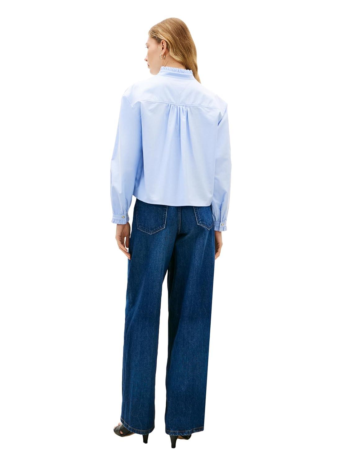 imageTommy Hilfiger Womens Oxford Cropped Long Sleeve Button Down Shirt with Ruffle DetailMid Blue
