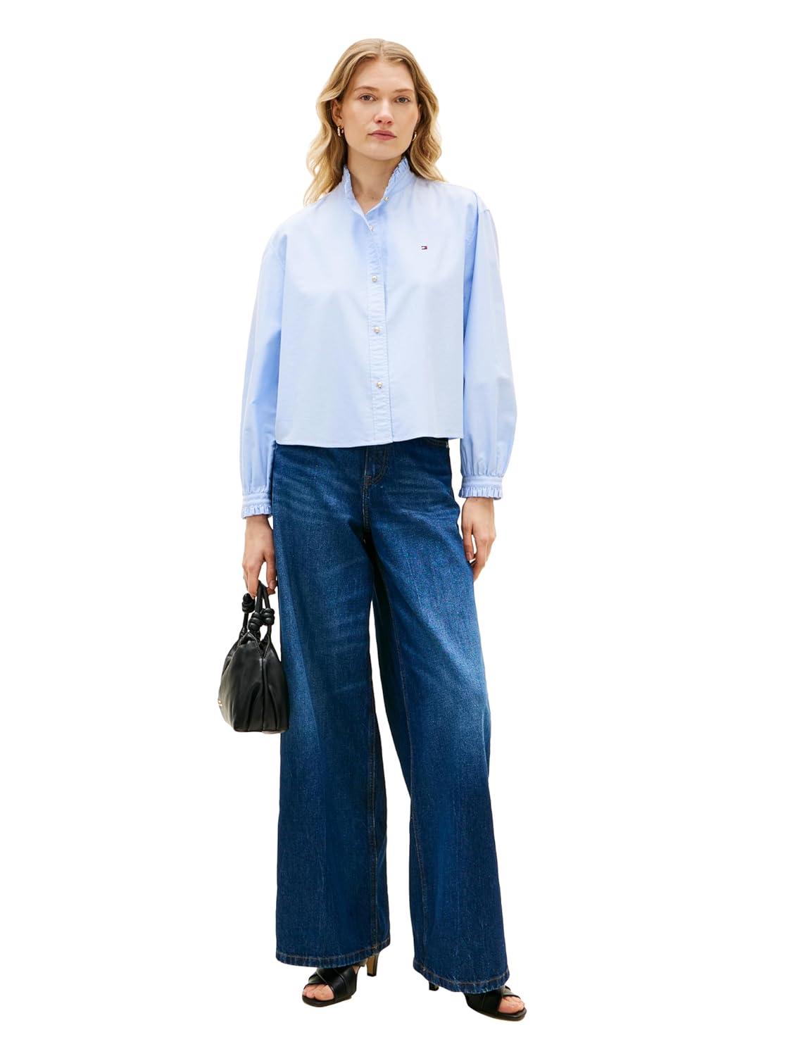 imageTommy Hilfiger Womens Oxford Cropped Long Sleeve Button Down Shirt with Ruffle DetailMid Blue