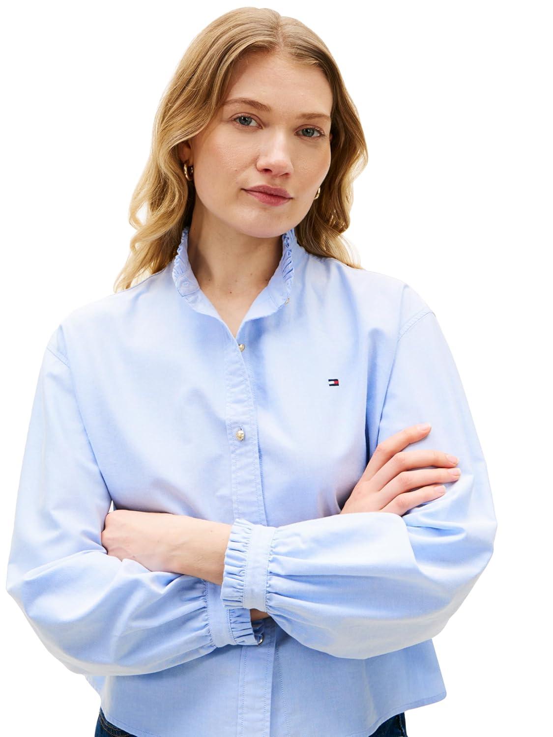 imageTommy Hilfiger Womens Oxford Cropped Long Sleeve Button Down Shirt with Ruffle DetailMid Blue